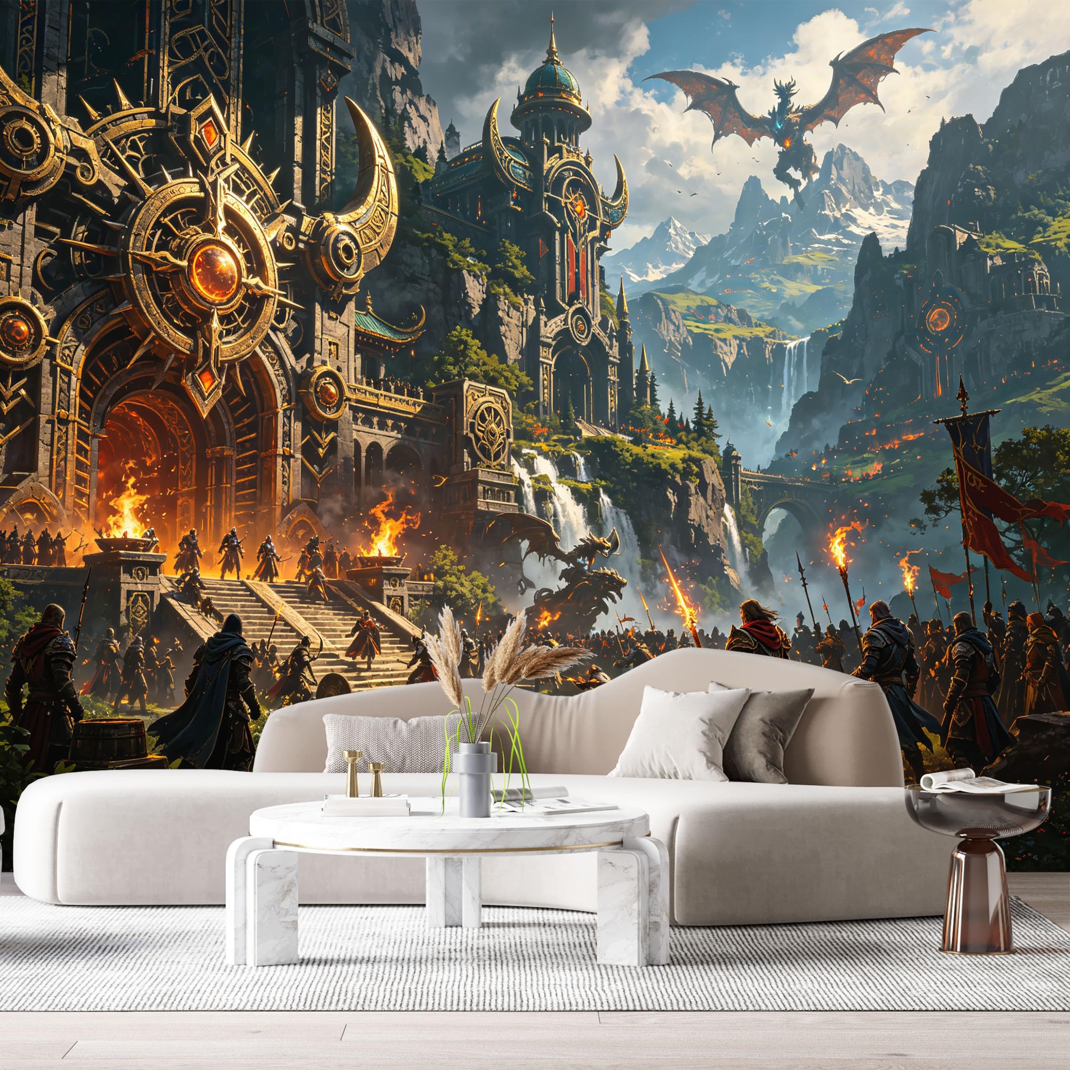 Custom Size Wall Murals Fantasy Castle Mountain Waterfall Knights Battle 3D SelfAdhesive Wall Fabric Removable Large Wallpaper for Photo Living Room