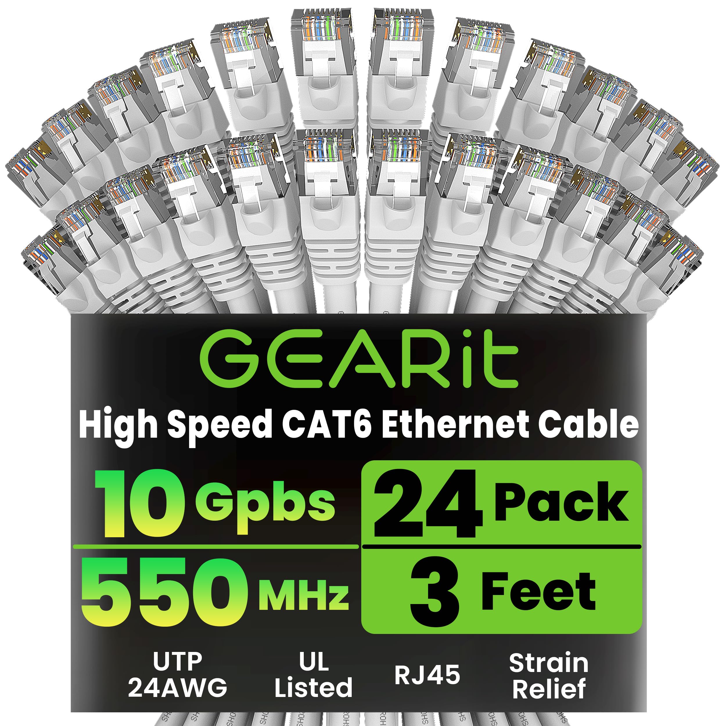 GEARit Cat6 Patch Cables Cat 6 Ethernet Cable 3 ft 24-Pack White White 3 Feet