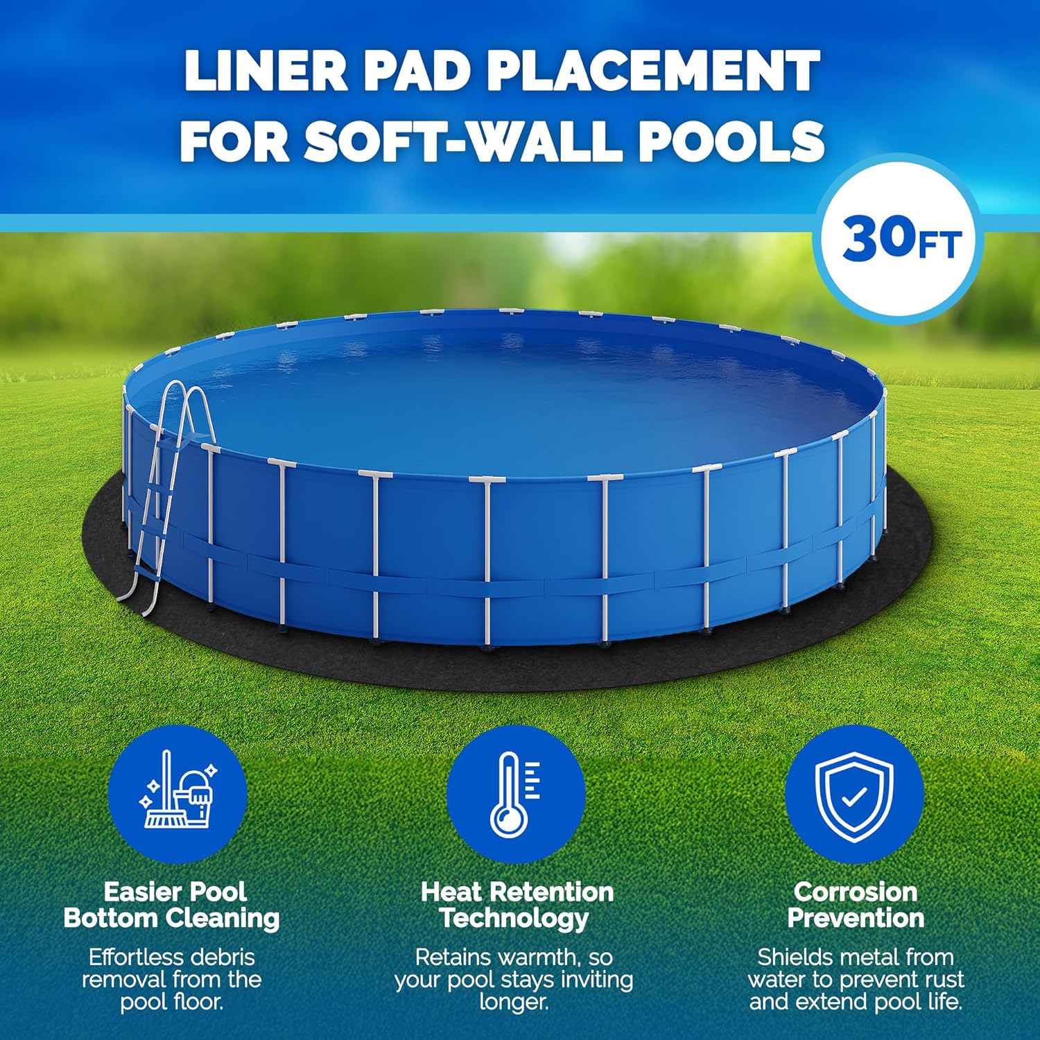 Swimline HYDROTOOLS Above Ground Pool Liner Pad 30' Round | Premium 100% Polyester Non-Woven Fabric for Ultimate Comfort & Pool Protection – Prevents Debris Damage, UV Protected, Multi-Season Use