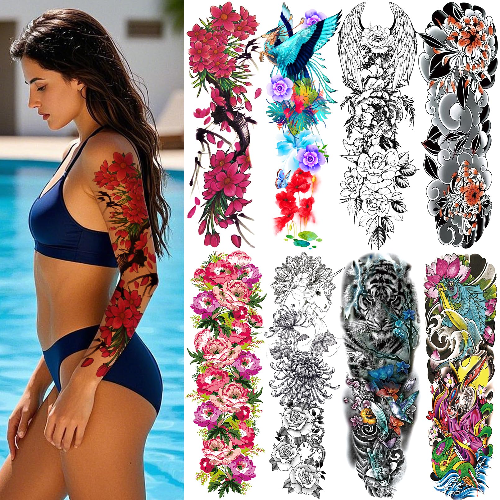 Christmas 8 Sheets Full Arm Temporary Tattoos for Adults, Waterproof Realistic Flower Bird Feather Fake Sleeve Tattoos For Women Men, Tiger Fish