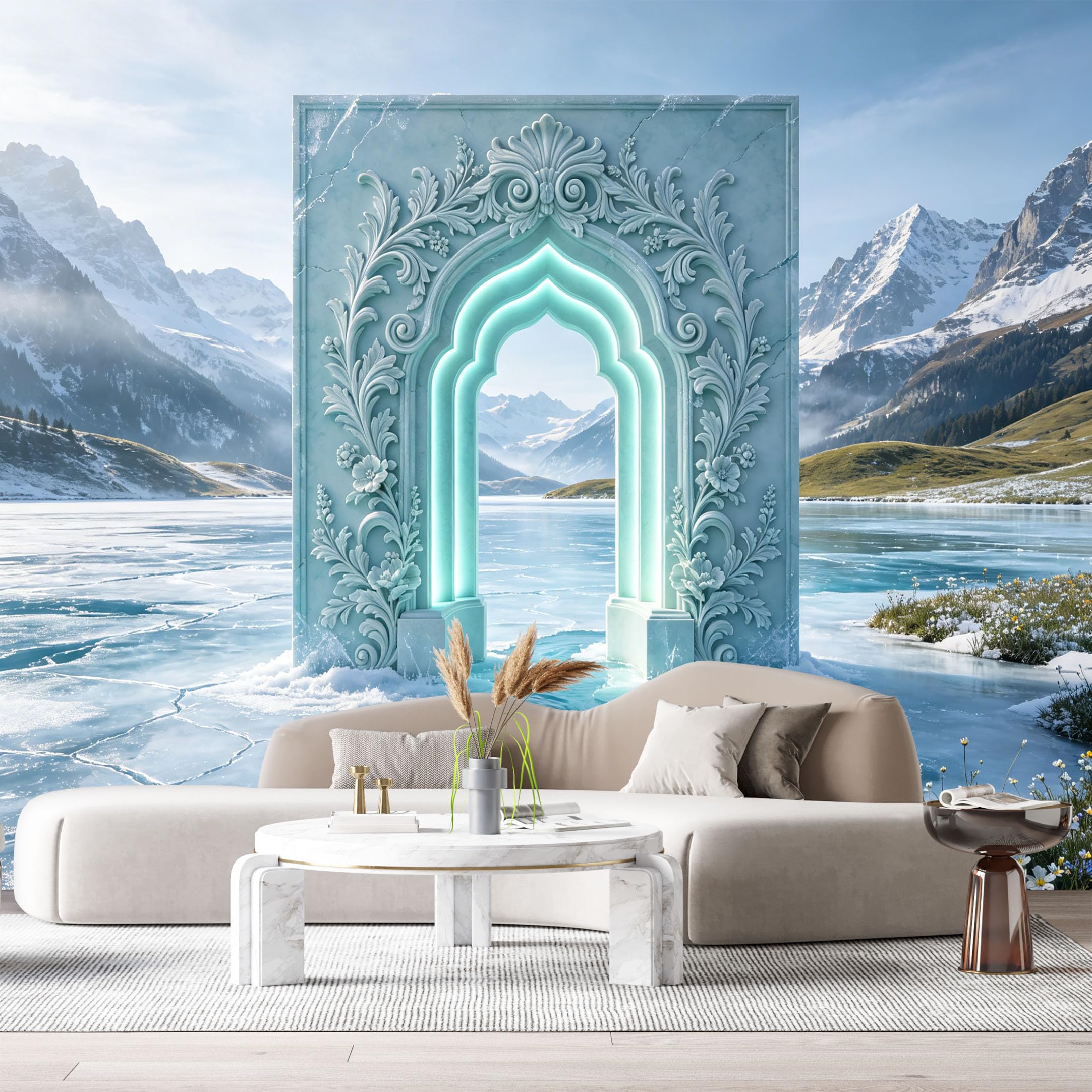 Custom Size Wall Murals Fantasy Ice Archway Mountain Lake 3D Trompe L'Oeil SelfAdhesiveWall Fabric Removable Wallpaper Wall Decor for Living Room Bedroom Bathroom