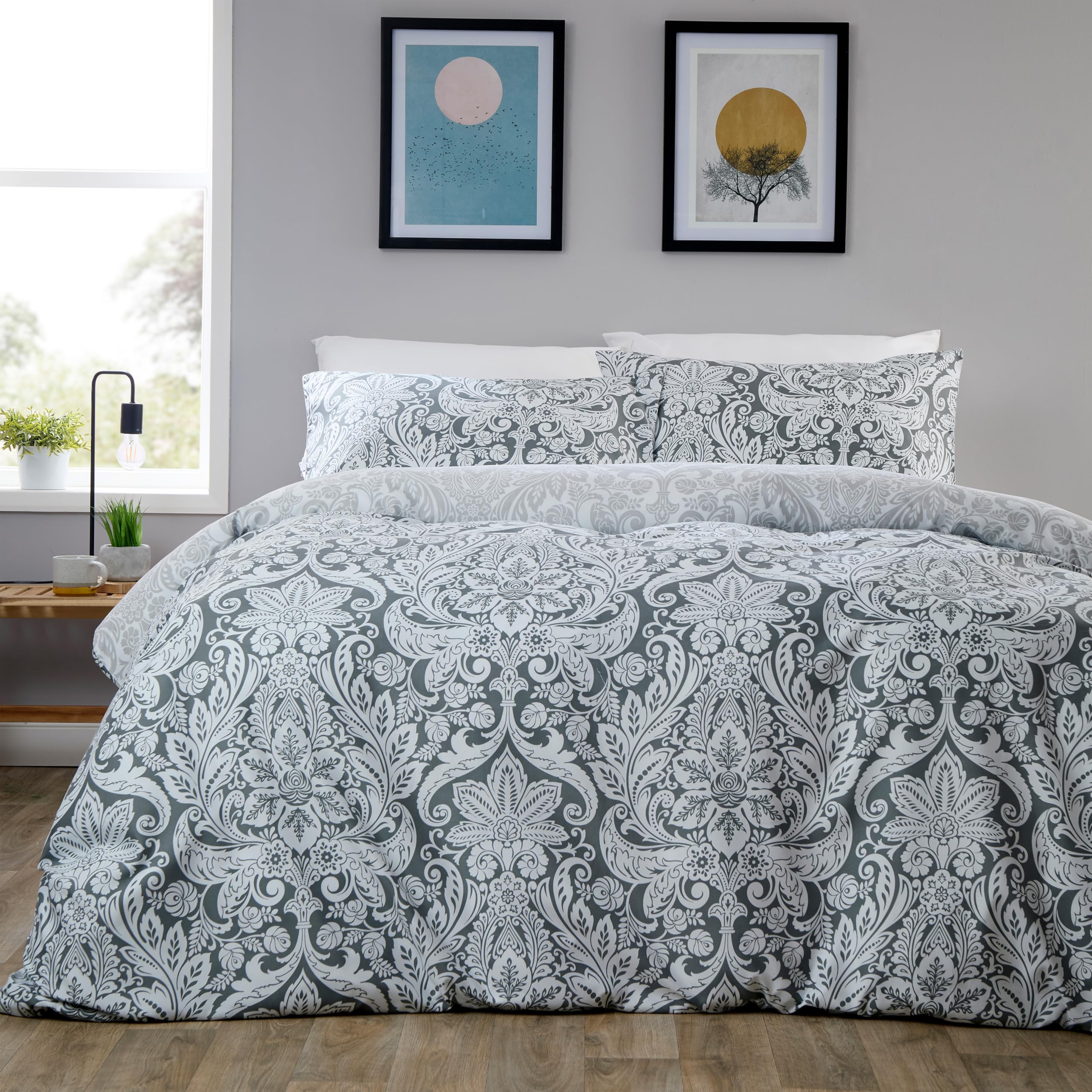Olivia Rocco Easy Care Printed Duvet Cover Set 100% Microfibre Polyester Breathable Stylish Comforter Reversible Quilted Bedding Bed Sets With Pillowcases, Aria Grey- Single