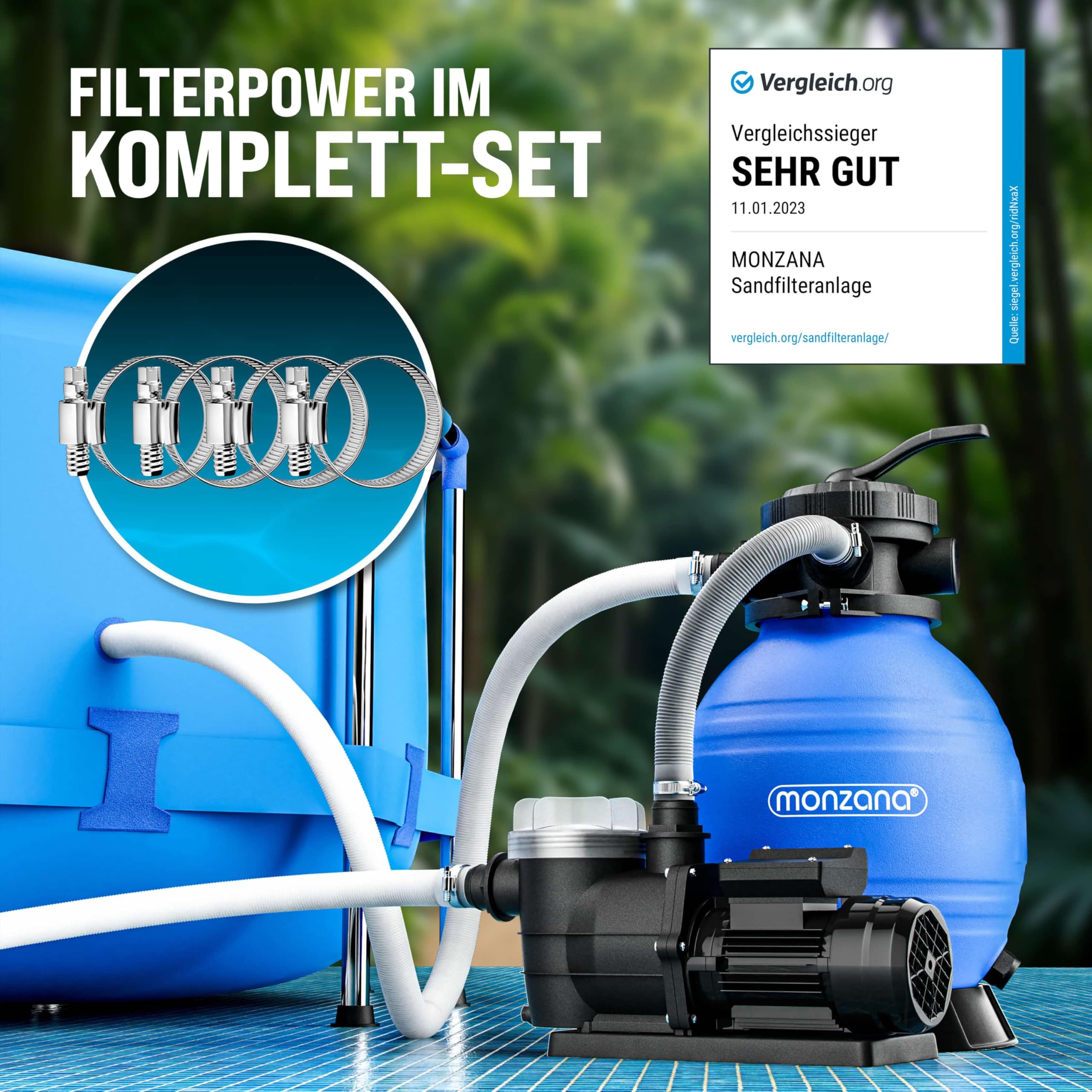 MONZANA® Sandfilteranlage SF96K 9600L/h bis 30.000L Pool Selbstansaugend 400 Watt 2in1 Adapter Ø32-38mm 7Wege Ventil Sandfilterpumpe Poolfilter
