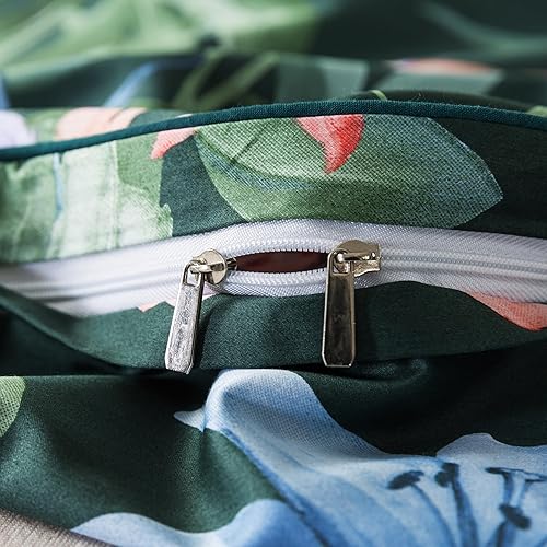 Miniatura 5 de Softta Juego de funda de edredón de 3 piezas, tamaño matrimonial, color verde, juego de ropa de cama de flores coloridas, 100% algodón puro, hojas