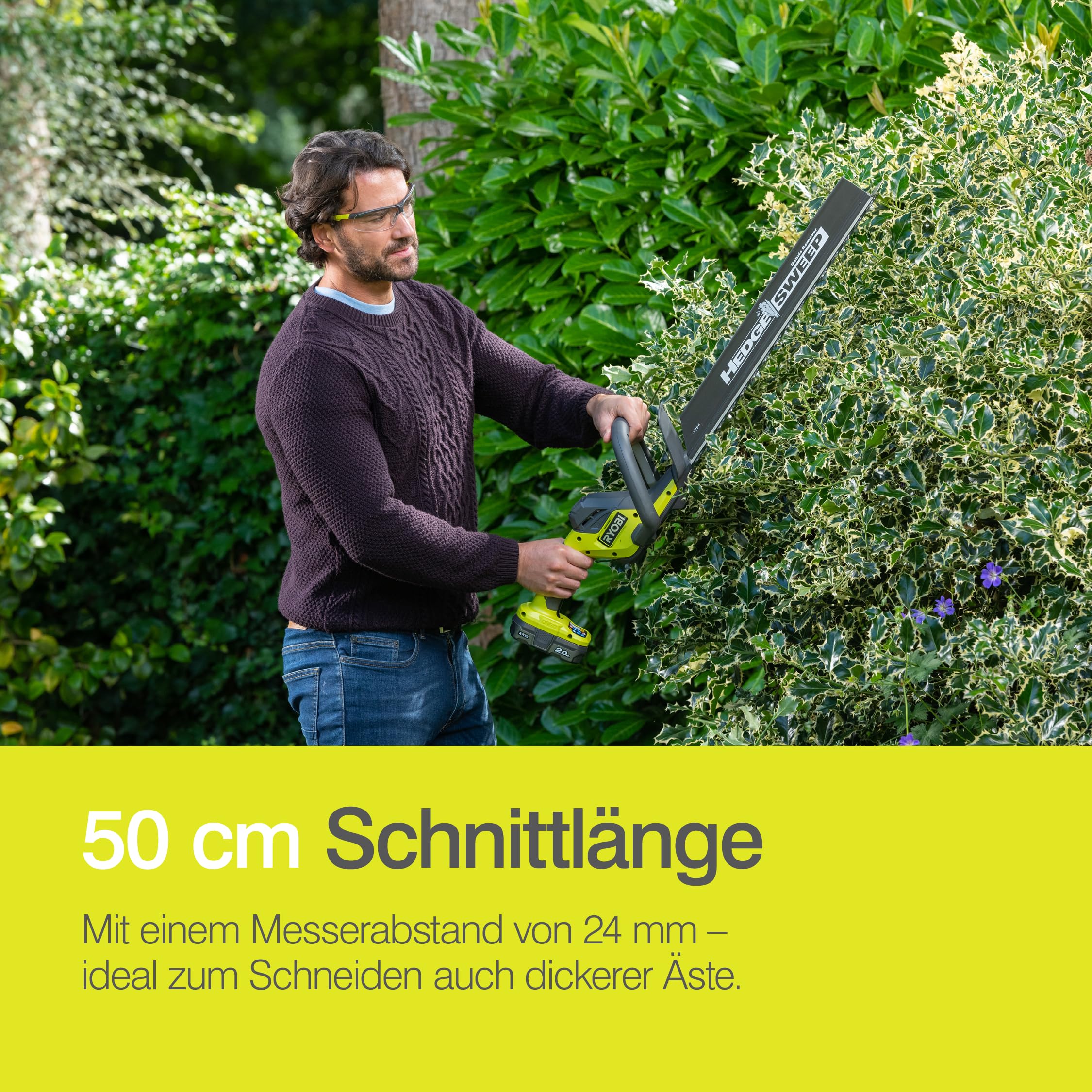 RYOBI 18 V ONE+ Akku-Heckenschere RY18HT50A-0 (Schnittgeschwindigkeit 1350 U/min, Messerlänge 50 cm, 24 mm Messerabstand, ohne Akku & Ladegerät im Karton)
