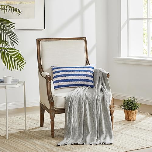 Miniatura 6 de GIGIZAZA Paquete de 2 fundas de almohada de 20 x 20 pulgadas, color azul marino, fundas de cojín bohemias de lino y algodón con rayas para sofá,