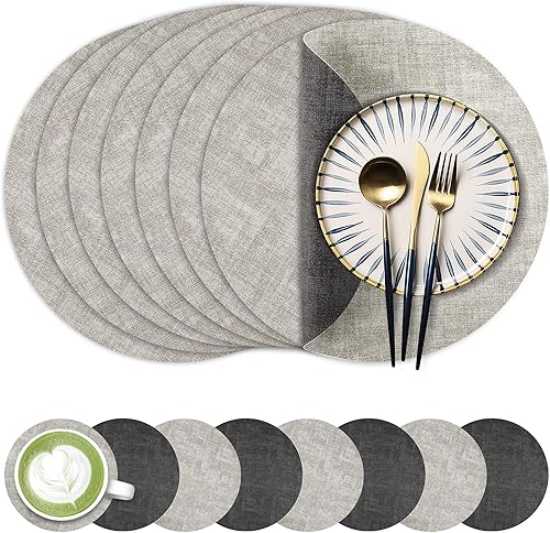 Miniatura 27 de Juego de 6 manteles individuales redondos de piel sintética de 13 pulgadas, impermeables, antideslizantes, de doble cara, resistentes al calor,