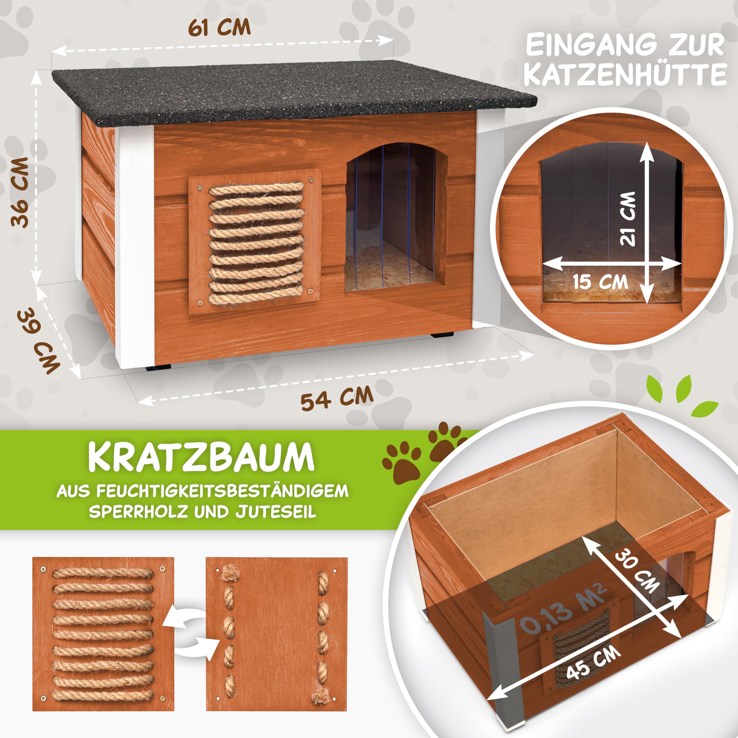 Outentin Katzenhaus Outdoor Winterfest - Katzenhäuschen für Draußen - Isolierte Schutzhütte - Wasserdicht und Wetterfest - Katzenhütte für Draußen - 61 X 39 X 36 cm (Teak)
