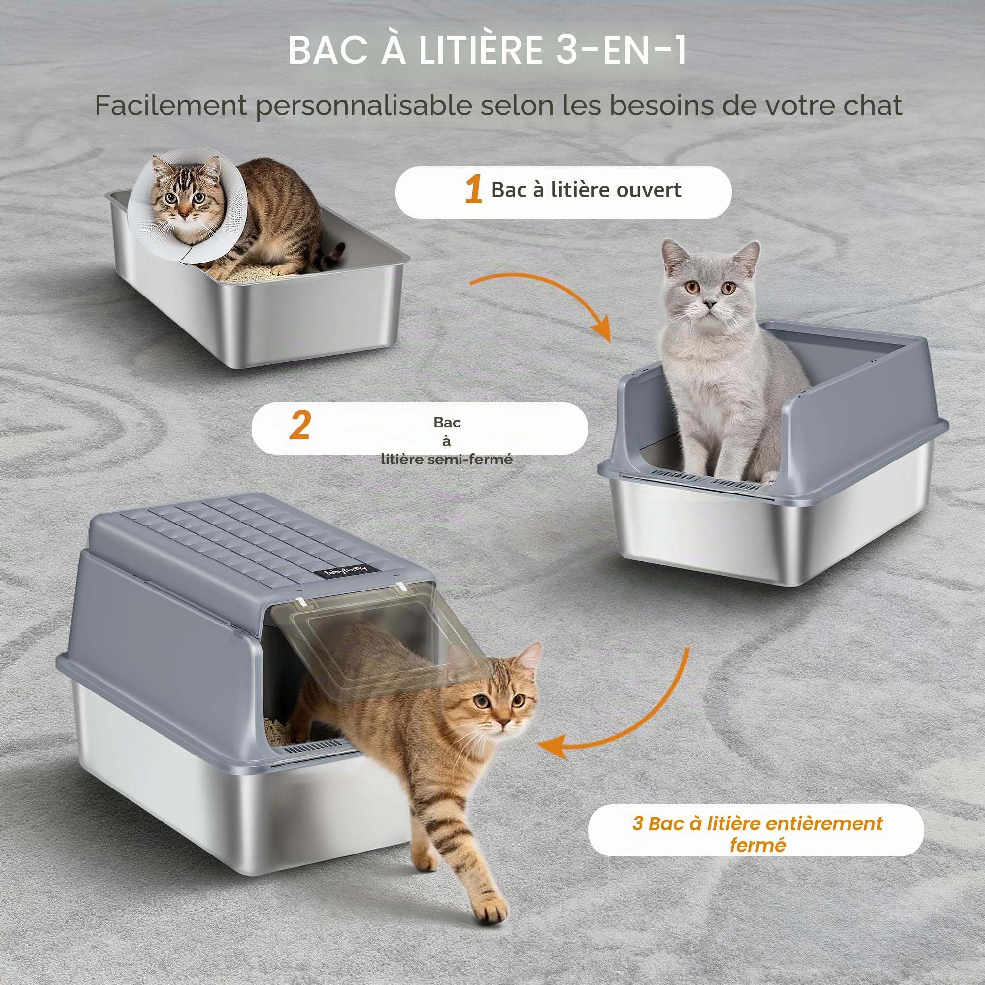 Bac à Litière pour Chat INOX avec Couvercle Lot de 2, 60x40x38,5cm, Bac Litière pour Chat XXL, avec Pelle à Litière et Marchepied, Amovible, 120° Couvercle Rabattable, Gris Foncé FPLB002SG2