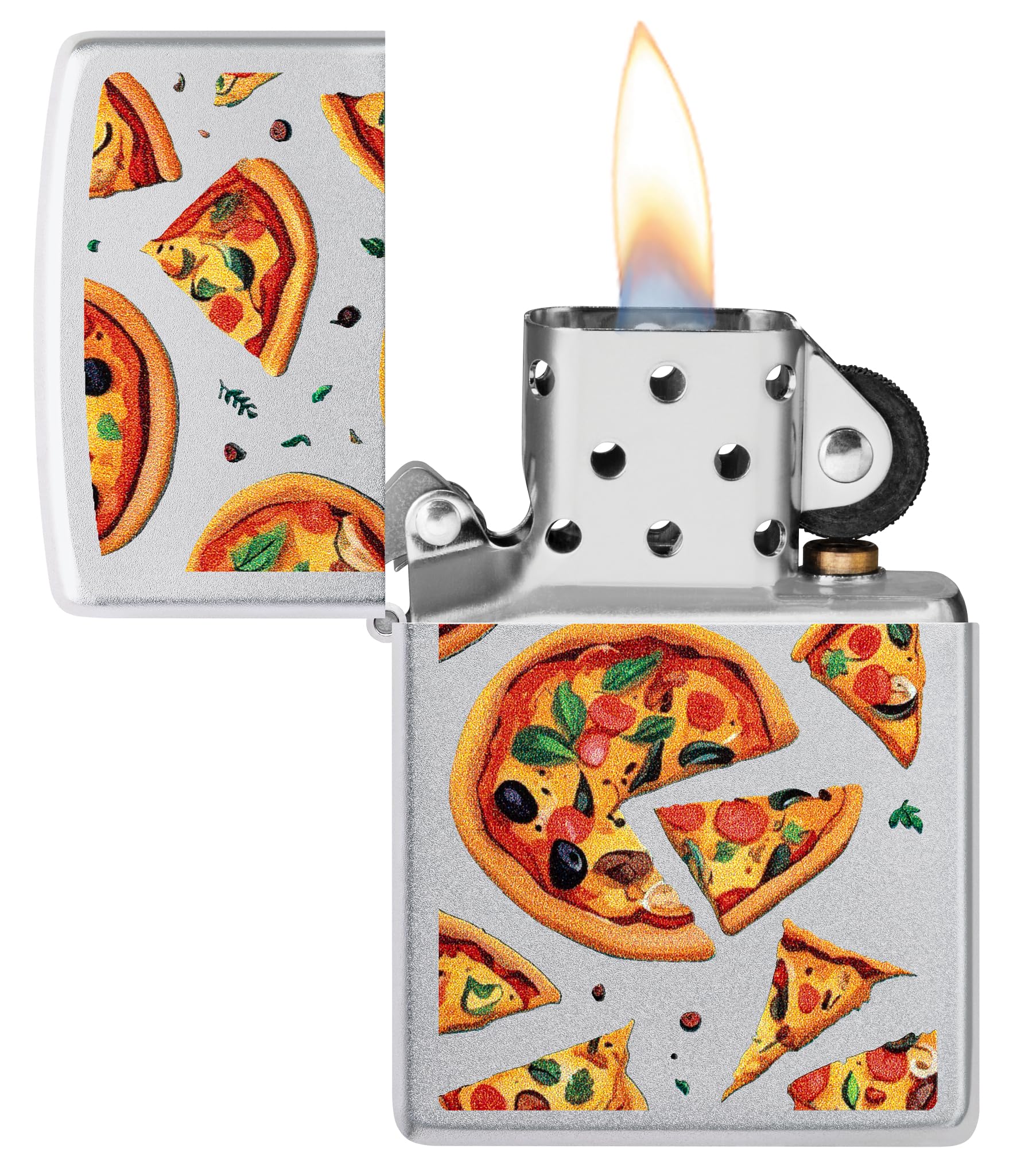 Zippo Windproof Lighter - Pizza, Satin Chrome, Colour Image - Refillable - Reusable - Windproof Design - Gift Box - Made in USA - Image 3