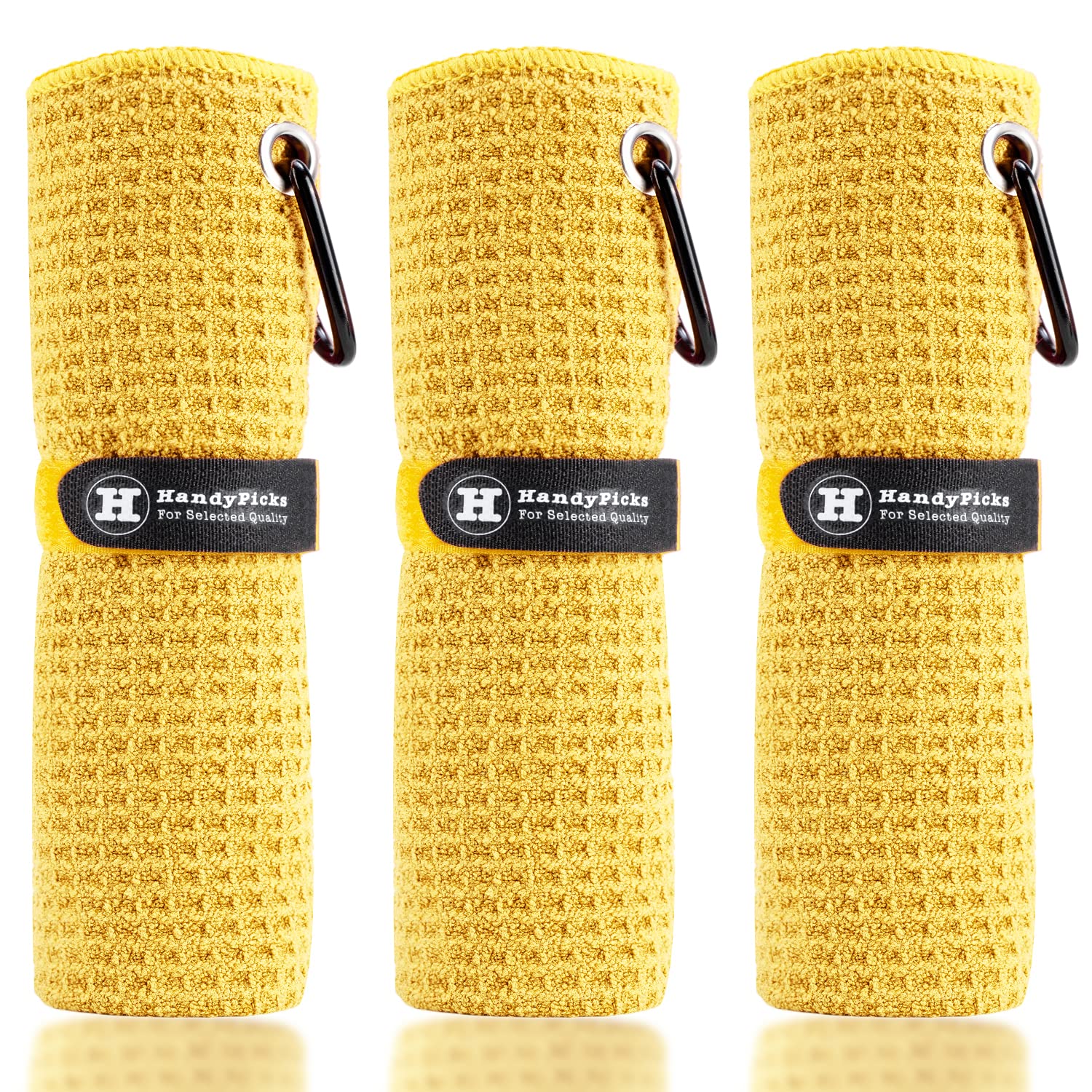 Handy Picks Microfiber Golf Towel (16" X 16") with Carabiner Clip, Waffle Pattern Golf Towel Hook and Loop Fastener - The Convenient Golf Cleaning Towel Yellow