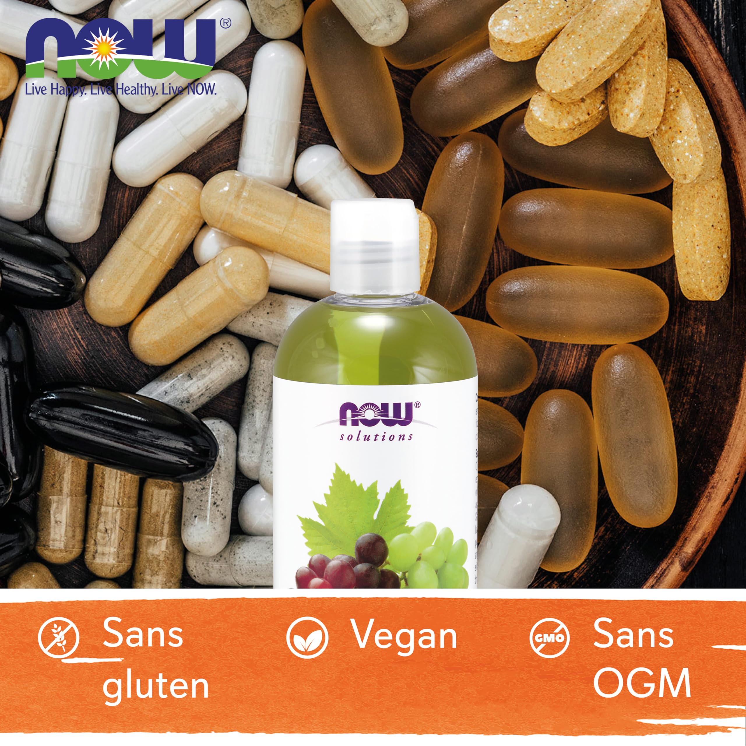 Now Foods, Grapeseed Oil (Huile de Pépins de Raisin), 473ml, 100% Pure, Testé en Laboratoire, Sans Gluten, Sans Soja, Sans OGM