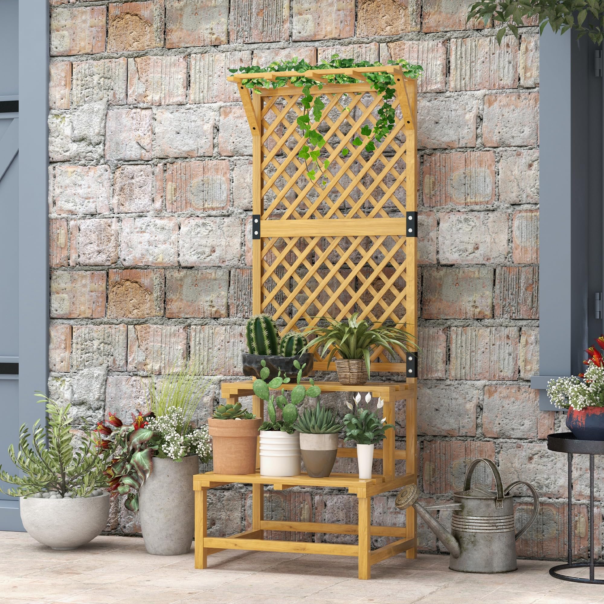 Outsunny Blumentreppe mit Rankhilfe 2 Stufen Dach 60 x 50 x 166 cm Gelb | Pflanzentreppe Für Innen Außen, Holz Blumenständer, Mehrstöckig Blumenregal Für Garten Balkon