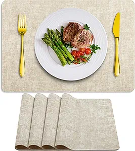 Placemats Set of 4 Washable, Heat Resistant Table Placemats Wipeable Faux Leather Place Mats Non Slip, Waterproof Square Table Mats for Indoor Outdoor, Beige