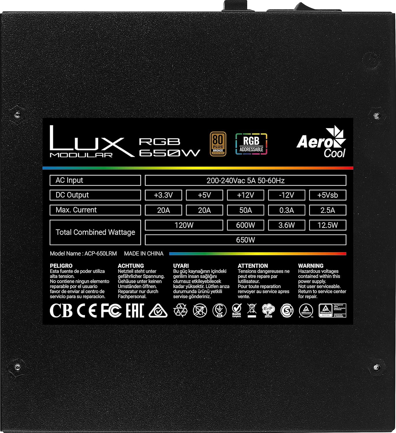 Aerocool LUX RGB 650M strømforsyning specifikationsmærke