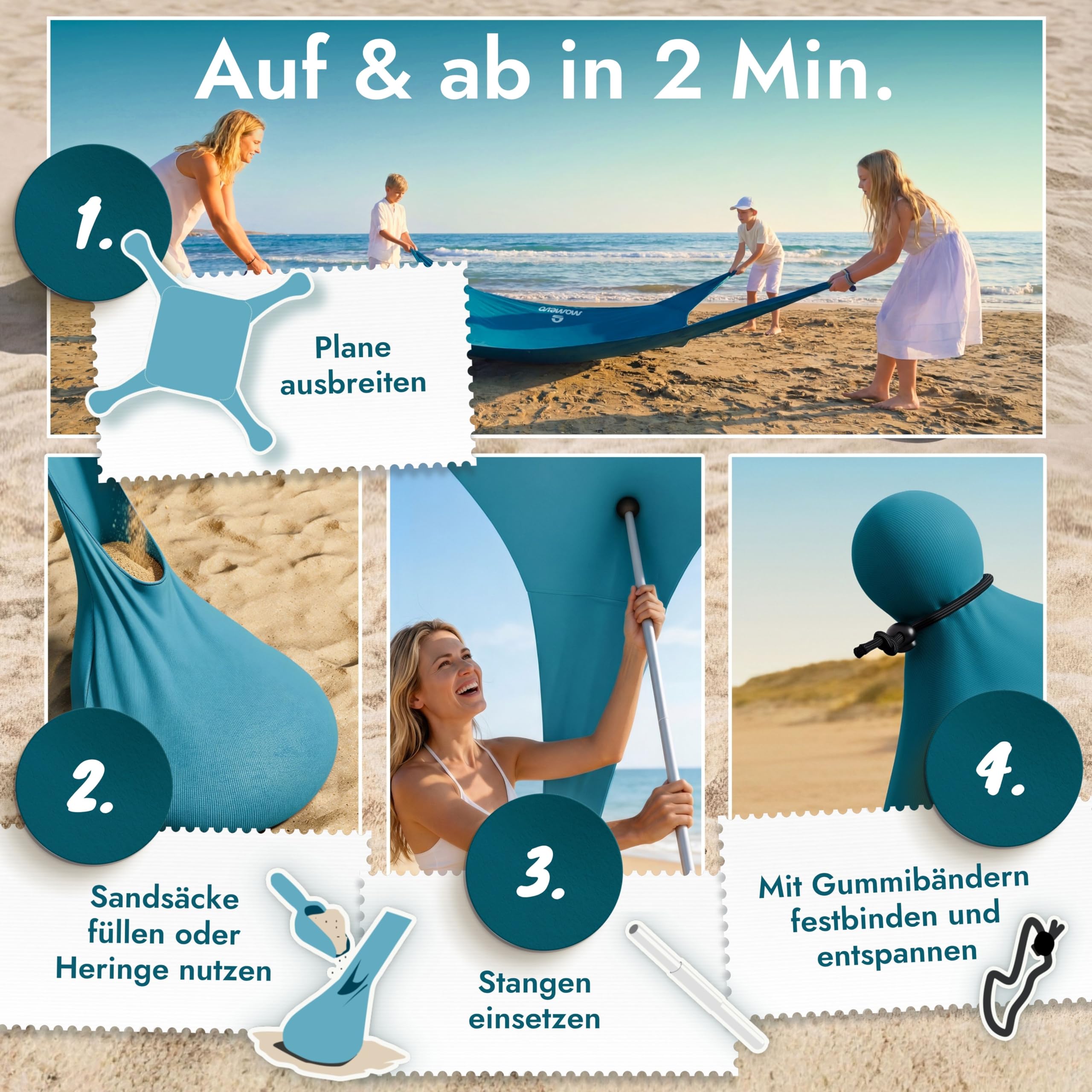 Sunsail XL Strandzelt, Sonnensegel Strand, XXL Strandmuschel | Next Level Strandmuschel, windstabil & leicht, UV-Schutz UPF 50+, einfacher Aufbau in Sekunden