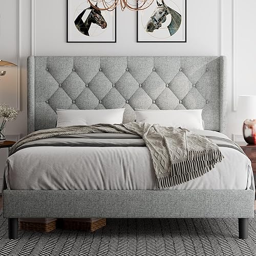 iPormis - Base de cama tapizada con respaldo de alas completo base de cama capitonada con botones con cabecero base de colchón con listones de