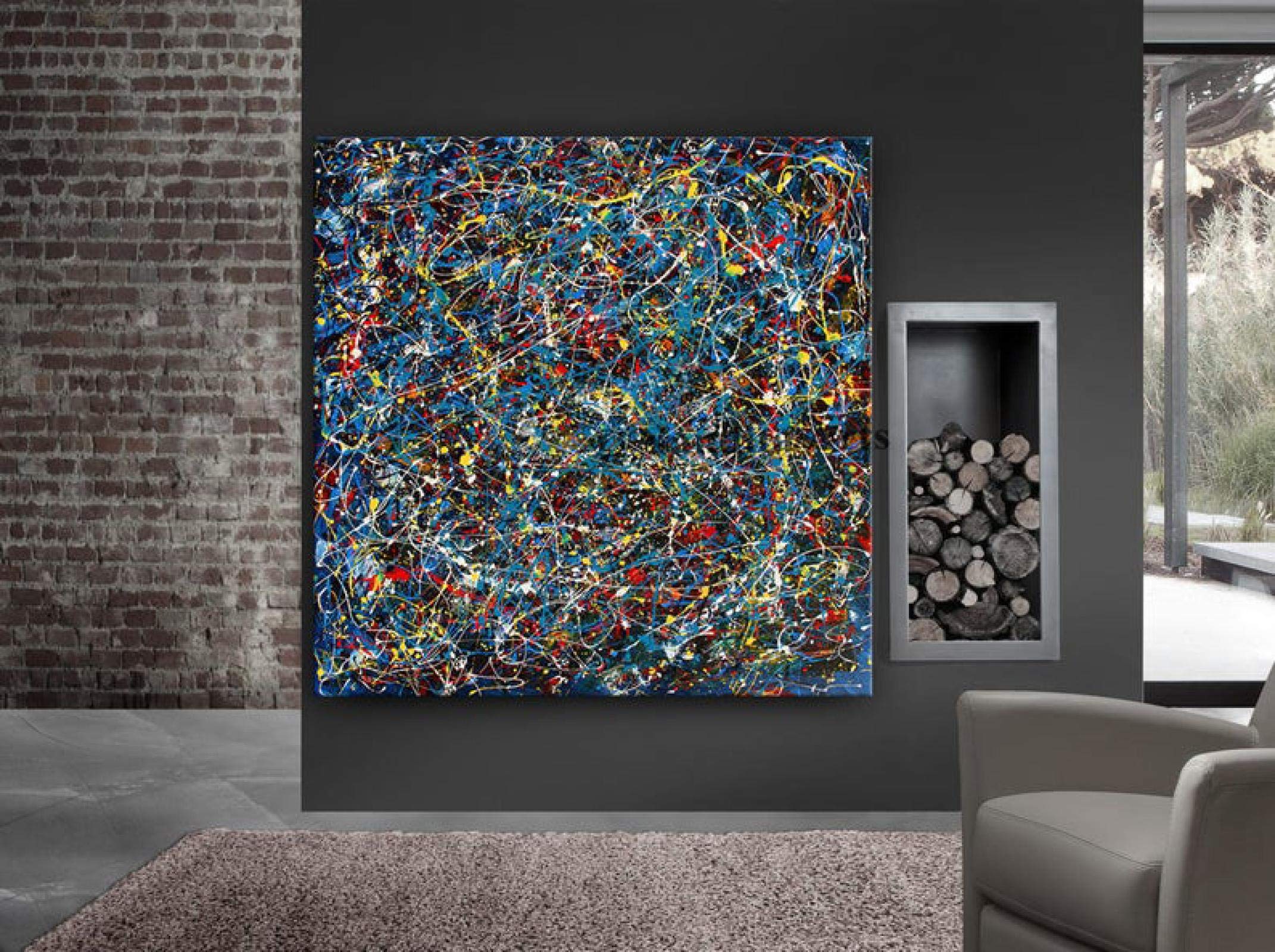 Abstrakte Blaue Leinwand-Wandkunst – 152x76 Cm, Marineblau & Gold, Gerahmt, Modernes Deko Fürs Wohnzimmer