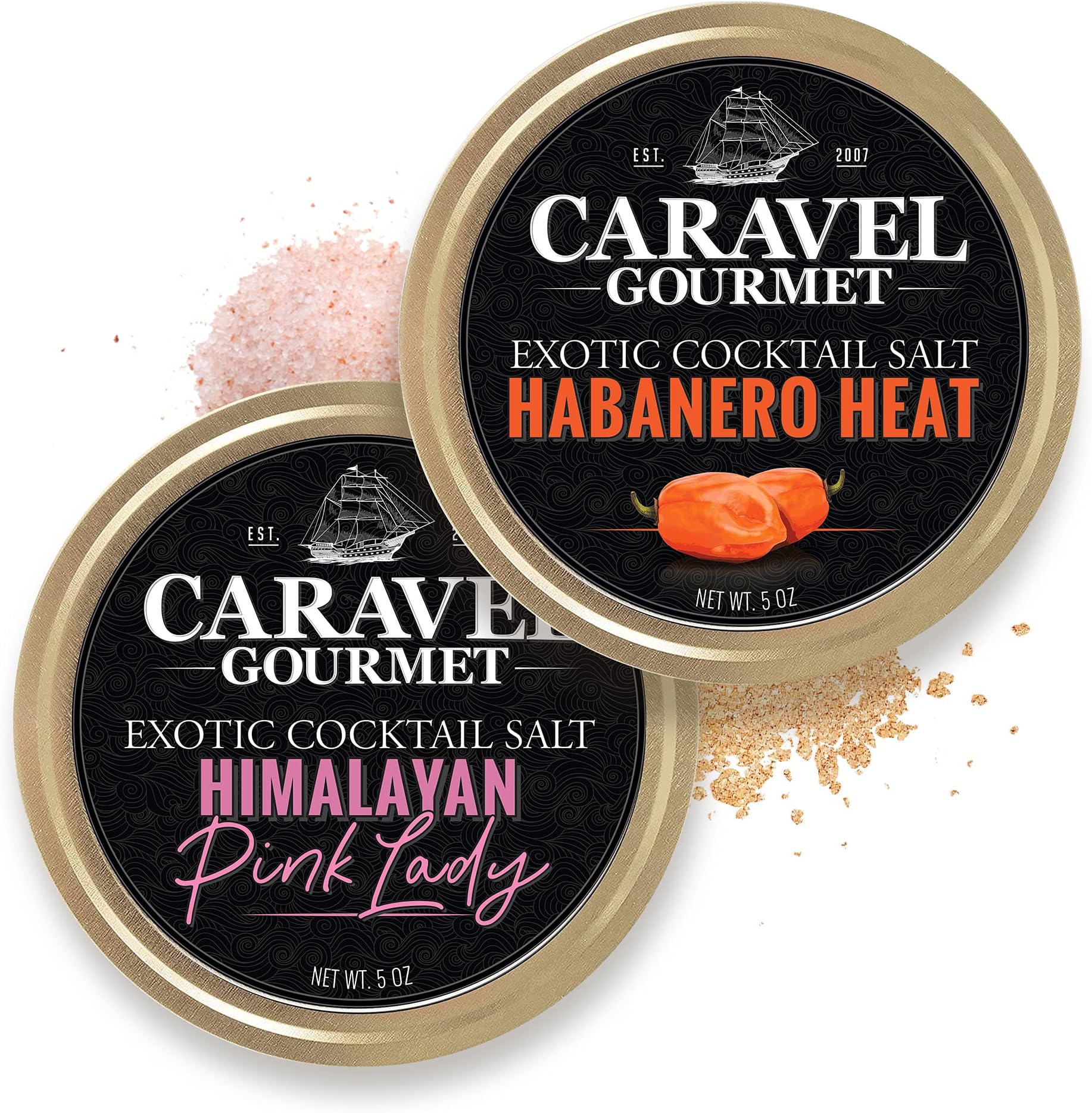 1 Habanero Heat Salt and 1 Himalayan Pink Salt, Gluten-Free Exotic Cocktail Salt Set, Non-Gmo Salt Rimmer for Cocktails, 5oz x Pack of 2 - Caravel Gourmet
