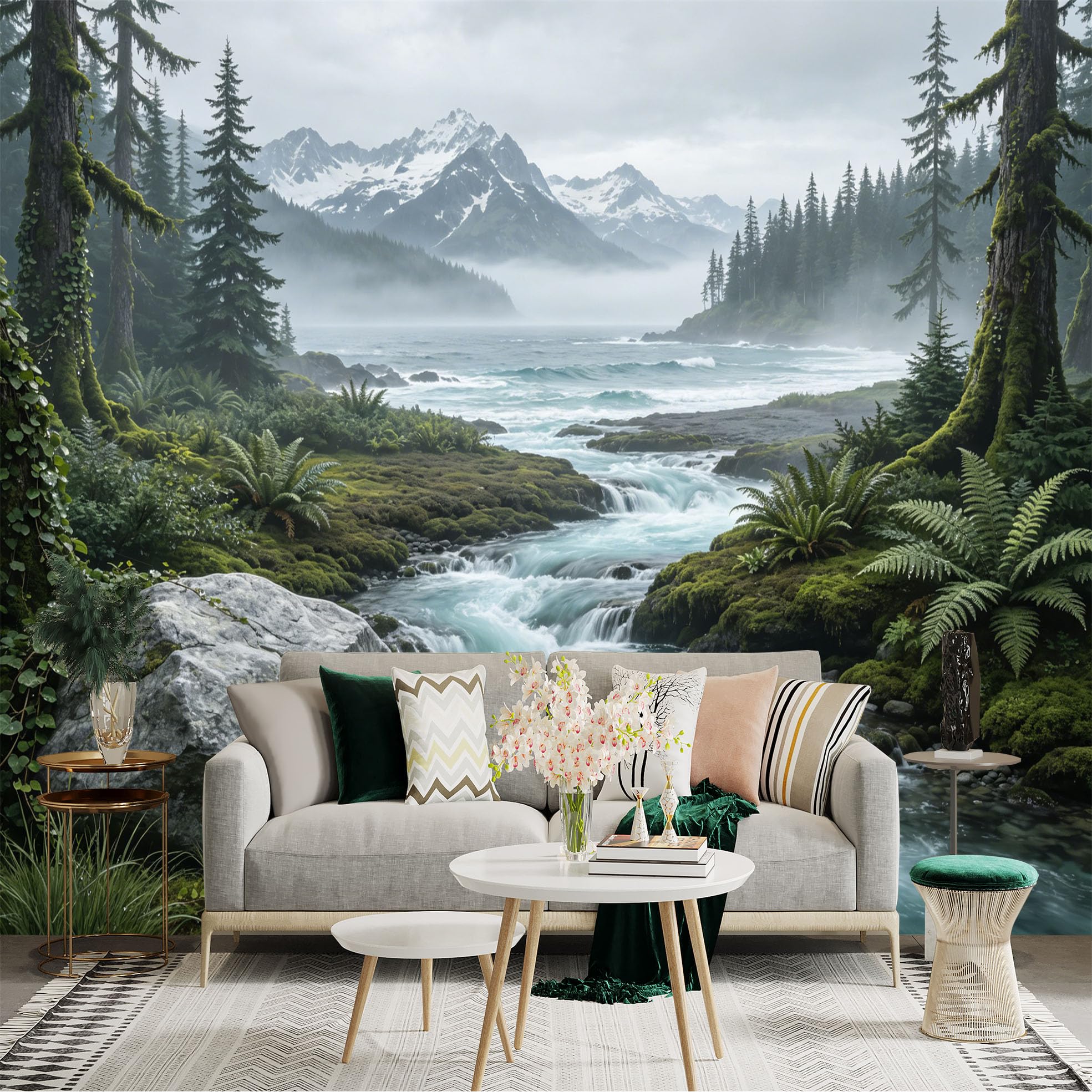 Custom Size Wall Sticker Mural， Misty Forest River with Mountains and Waterfall Landscape， for wall Decoration， peelandstick wall Decals.