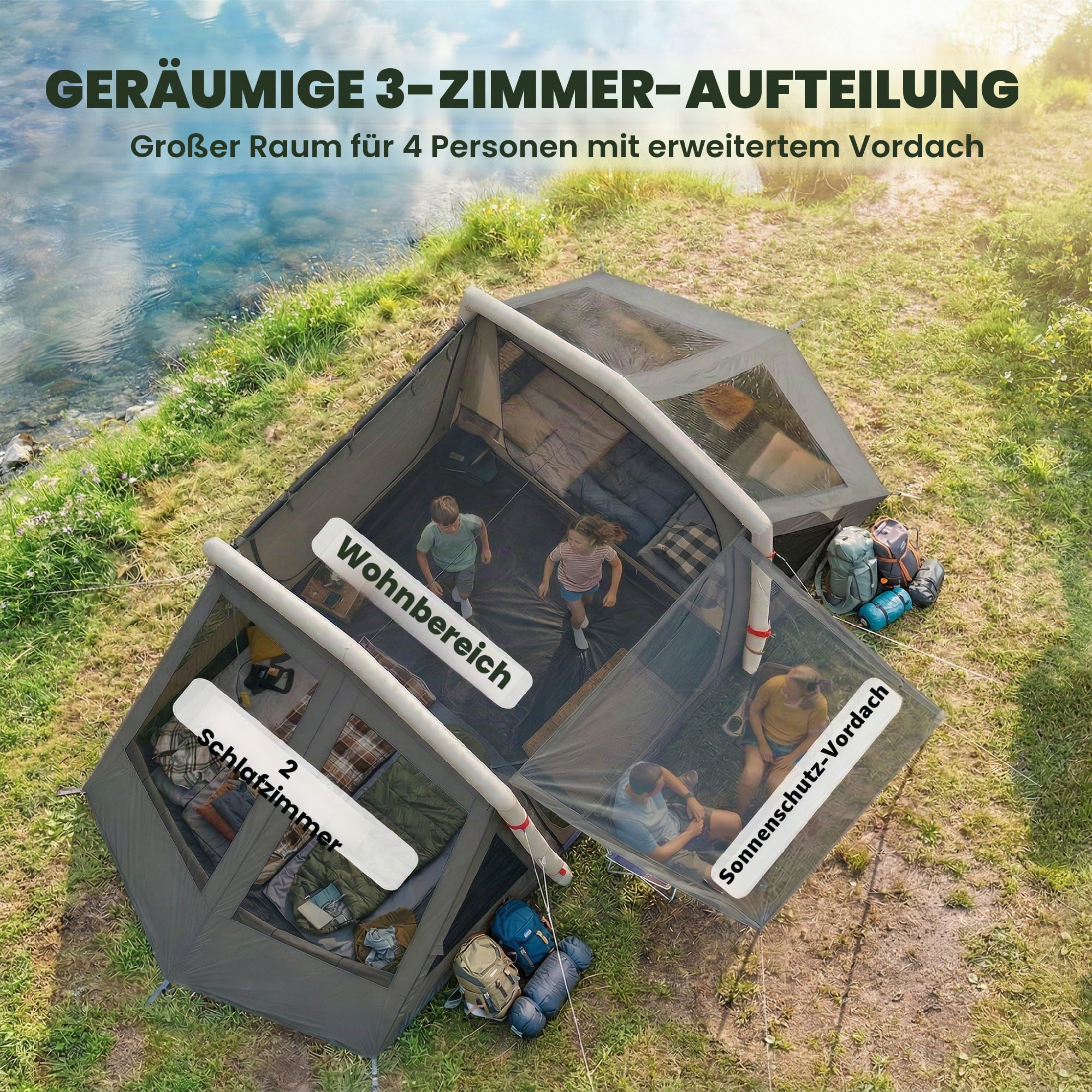 Outsunny Aufblasbares Campingzelt für 4 Personen, Blackout – Luftzelt 5,8 m lang mit 2 Schlafzimmern und Wohnzimmer – wasserdicht 3000 mm mit Pumpe, Sonnendach und fluoreszierenden Heringen
