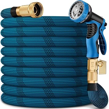 75FT Garden Hose, Lightweight Flexible Water Hose, 5/8" Kink Free Leak Proof Hose, Heavy Duty 96-Layer Woven with 3/4" Brass Fittings, 10 Function Nozzle for Yard Lawn Outdoor Car WashBlueBlack