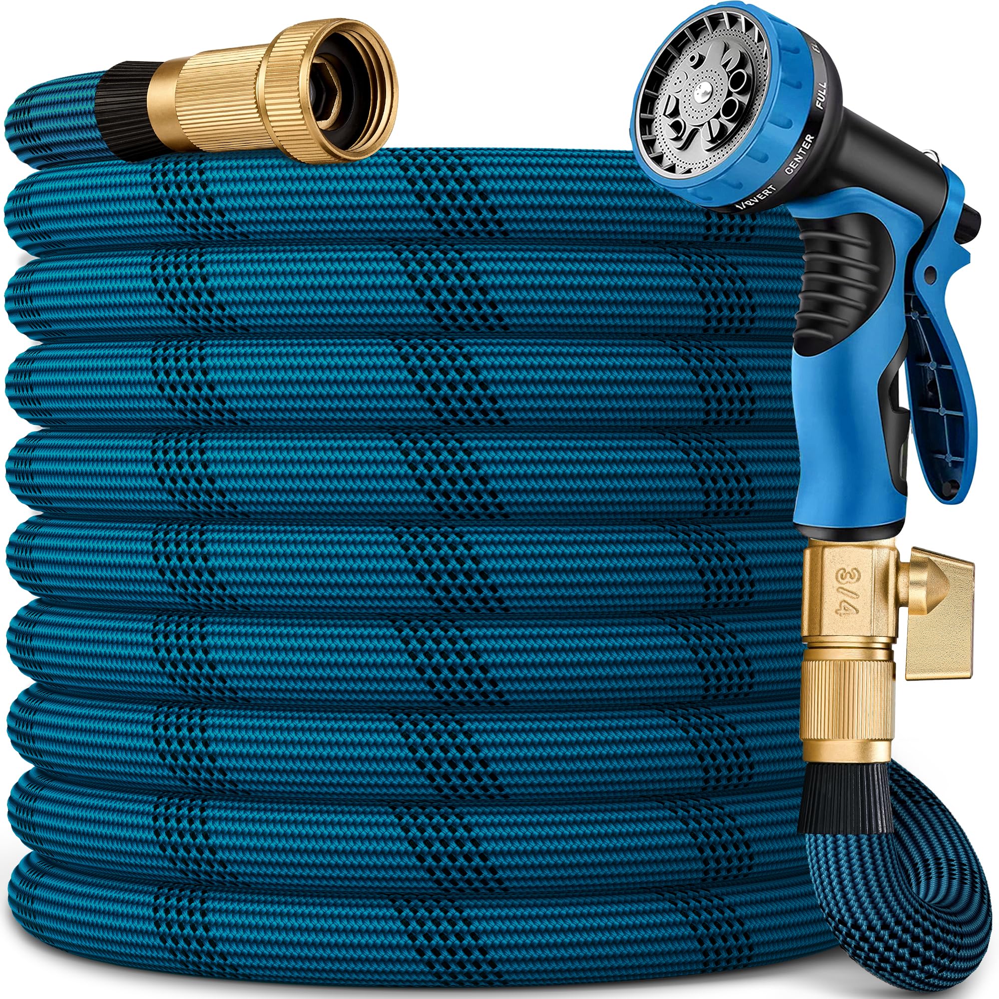 Photo 1 of 100FT Garden Hose, Lightweight Flexible Water Hose, 5/8" Kink Free Leak Proof Hose, Heavy Duty 96-Layer Woven with 3/4" Brass Fittings, 10 Function Nozzle for Yard Lawn Outdoor Car Wash(BlueBlack)