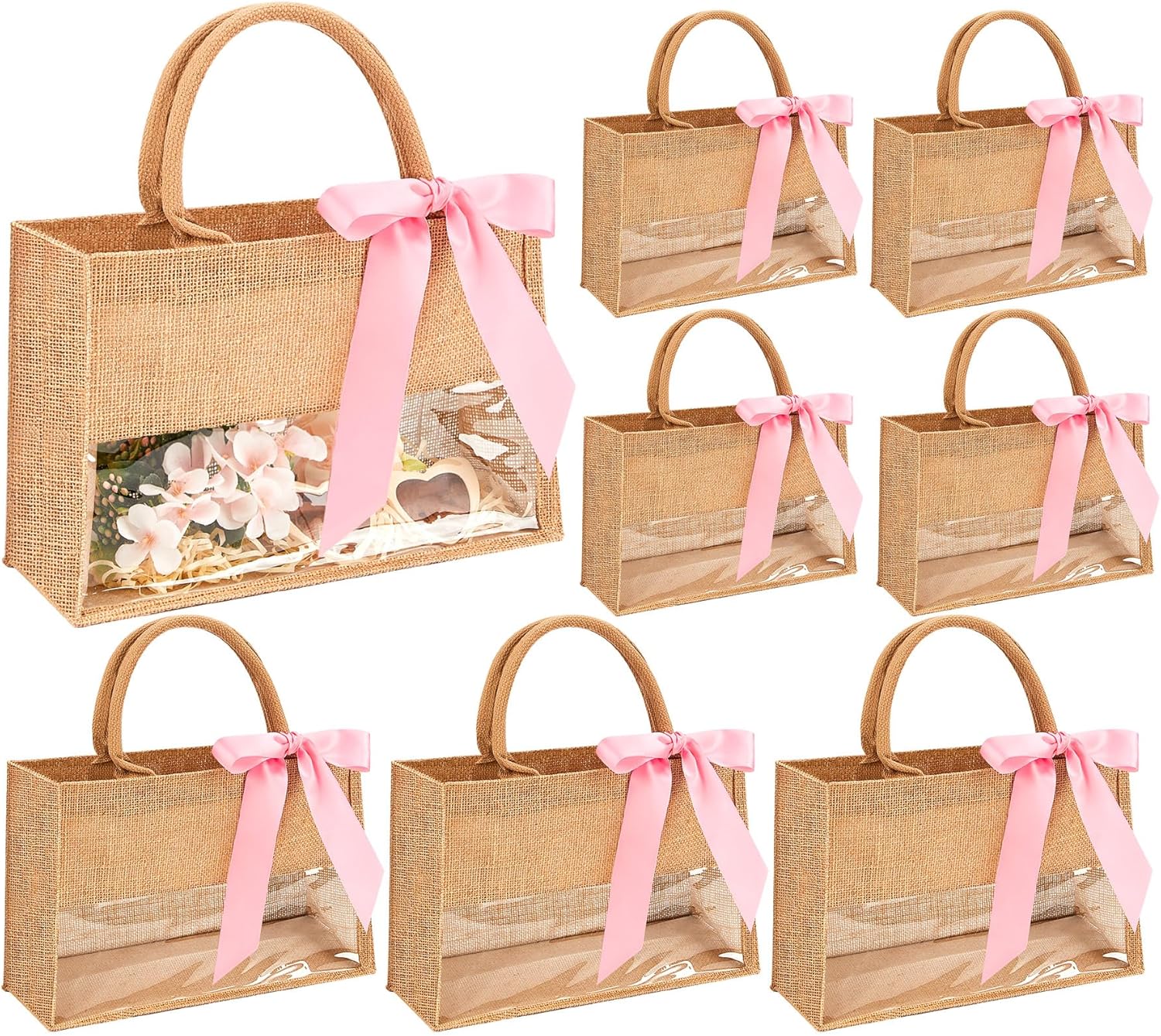 8 Pack Burlap Tote Bags with Clear PVC Window and Pink Ribbon DIY Bachelorette Bags Bridesmaids Gift Bag Reusable Grocery Bag with Handle for Wedding Engagement Beach Shower Party