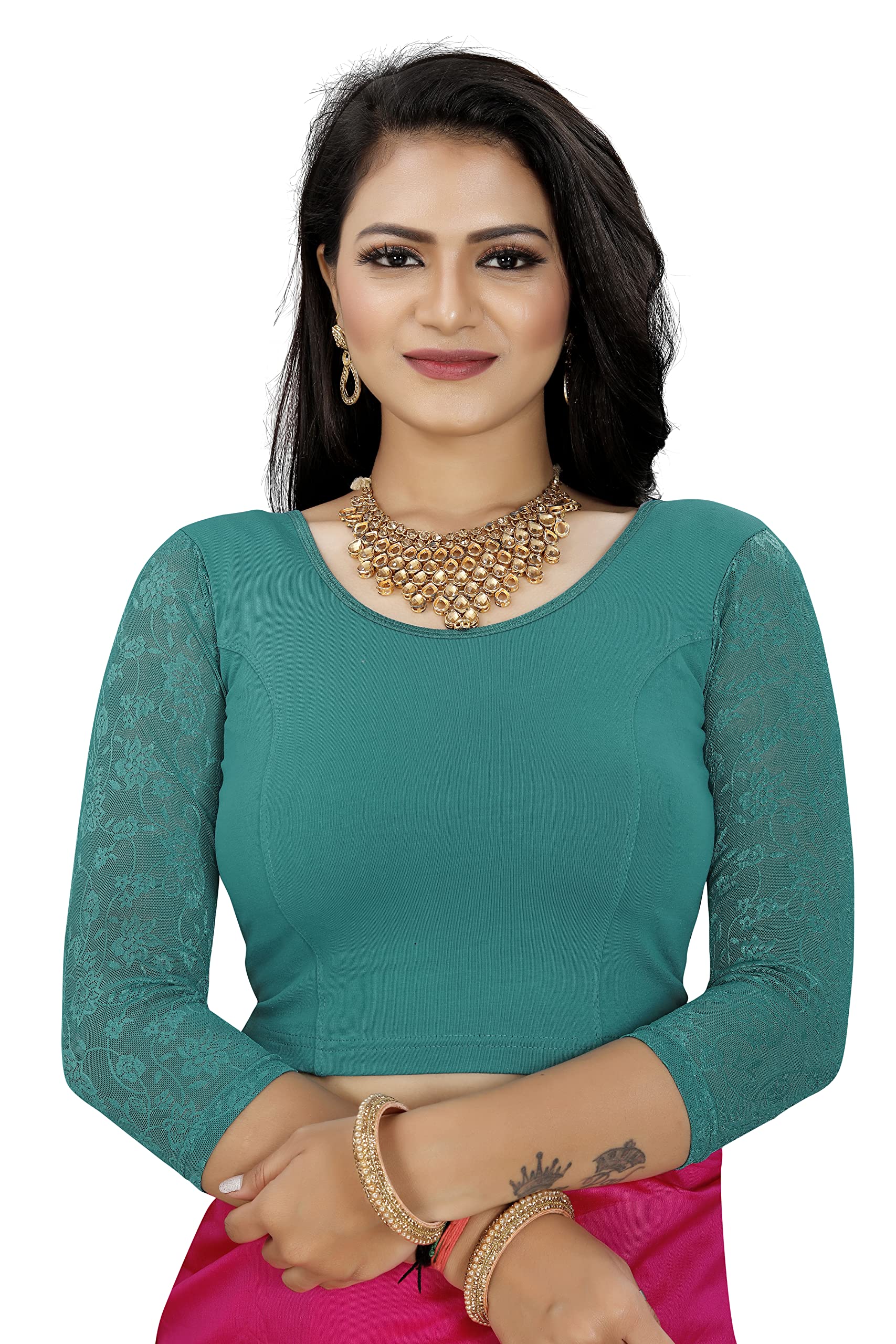 KNETLIWomen's Stretchable Readymade Lycra Beige Indian Ethnic Saree Blouse Crop Top Choli