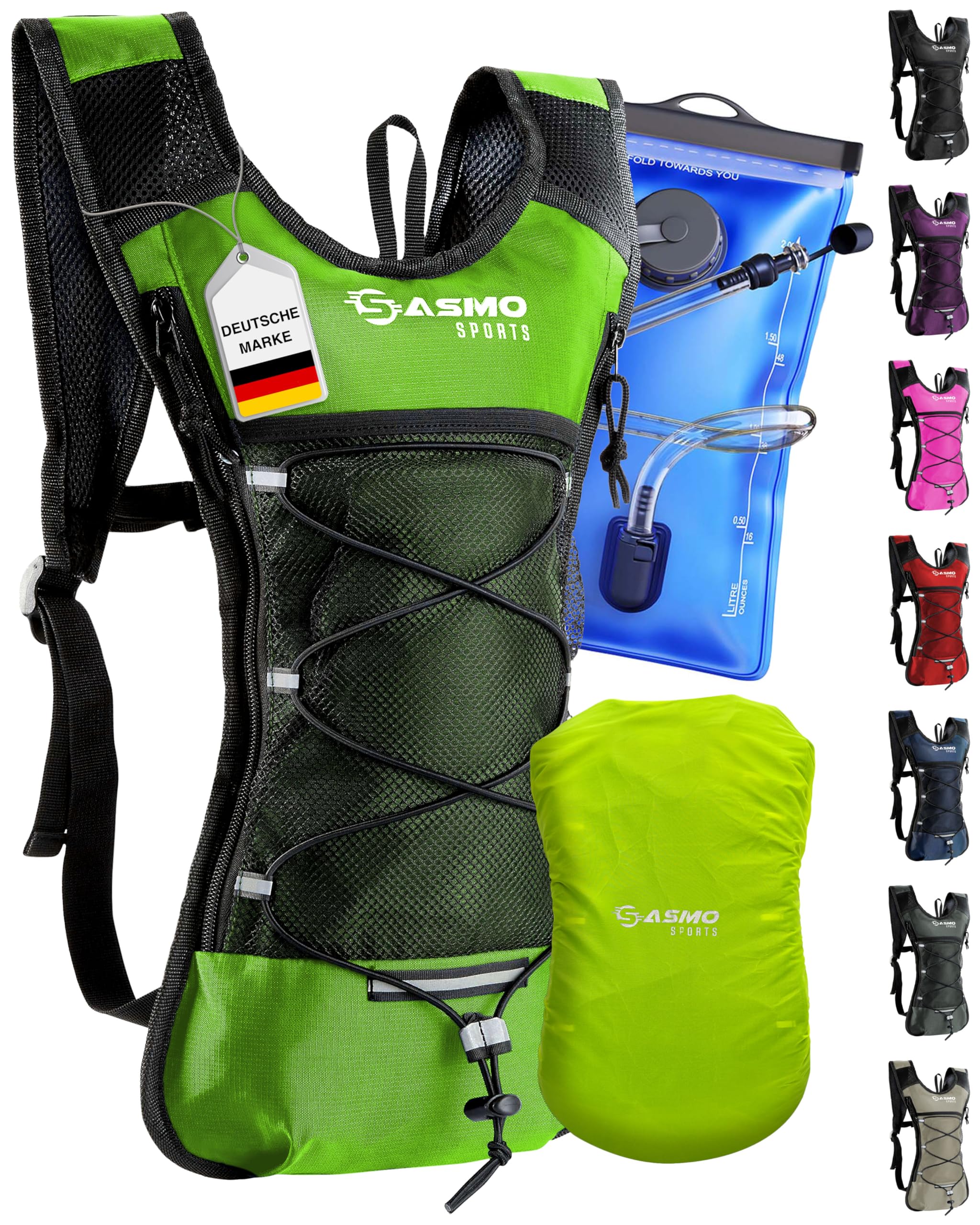 SASMO® Trinkrucksack (Grün) mit Thermofach | Trinkrucksack Laufen - Ultraleicht 300g & 6L | Laufrucksack mit Trinkblase 2l, BPA-Frei | Rucksack mit Trinkblase & Reflektoren | Laufen, Fahrradfahren