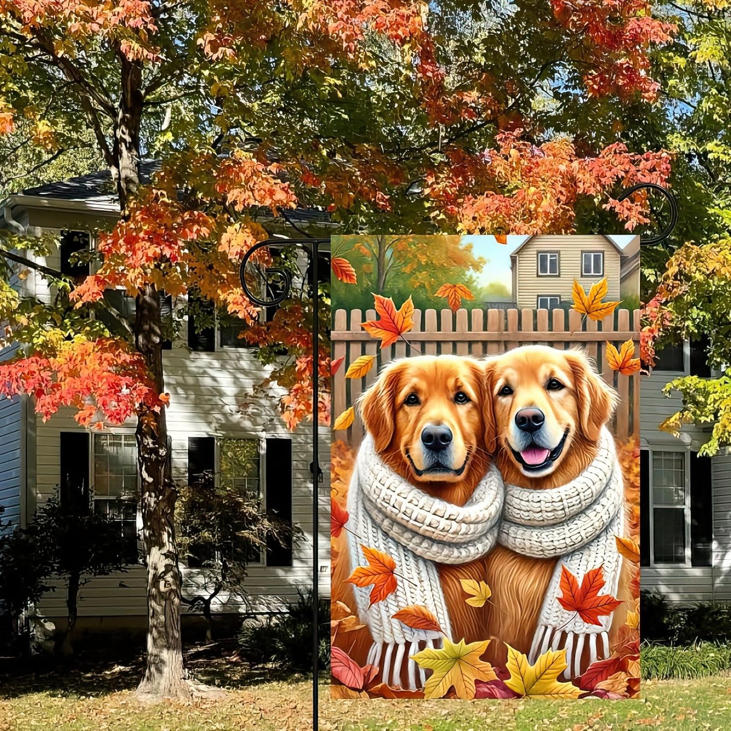 Thanksgiving Golden Retriever Garden Flag 12x18 Inch Double Sided Cozy Dog Flag with Scarf and Autumn Leaves Outdoor Yard Banner Fall Harvest Decoration Farmhouse Porch Lawn Flag for Fall Decor - Image 2
