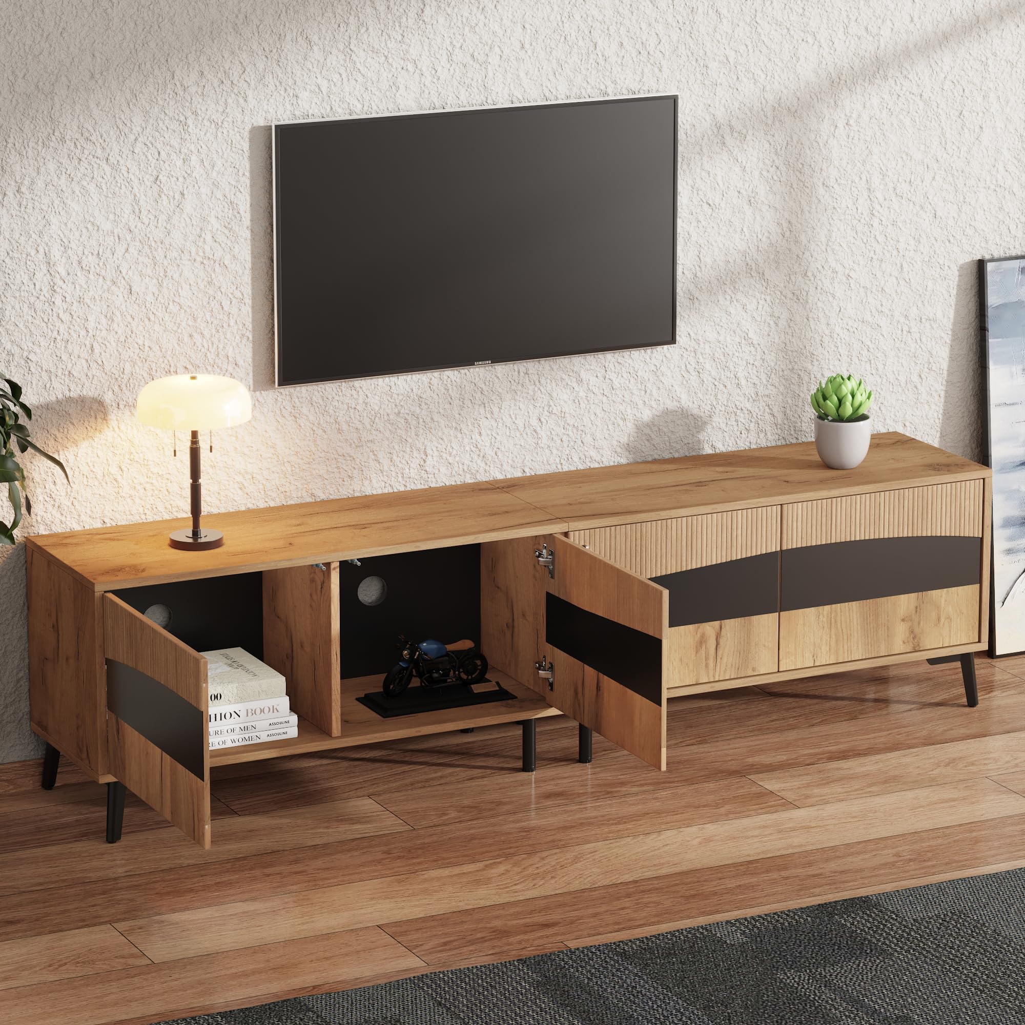 Mueble para televisión, 180 x 40 x 50 cm, color madera + soporte para TV de empalme negro, armario de TV con 4 armarios, armario de salón con 8 patas de apoyo, capacidad de carga recomendada 30