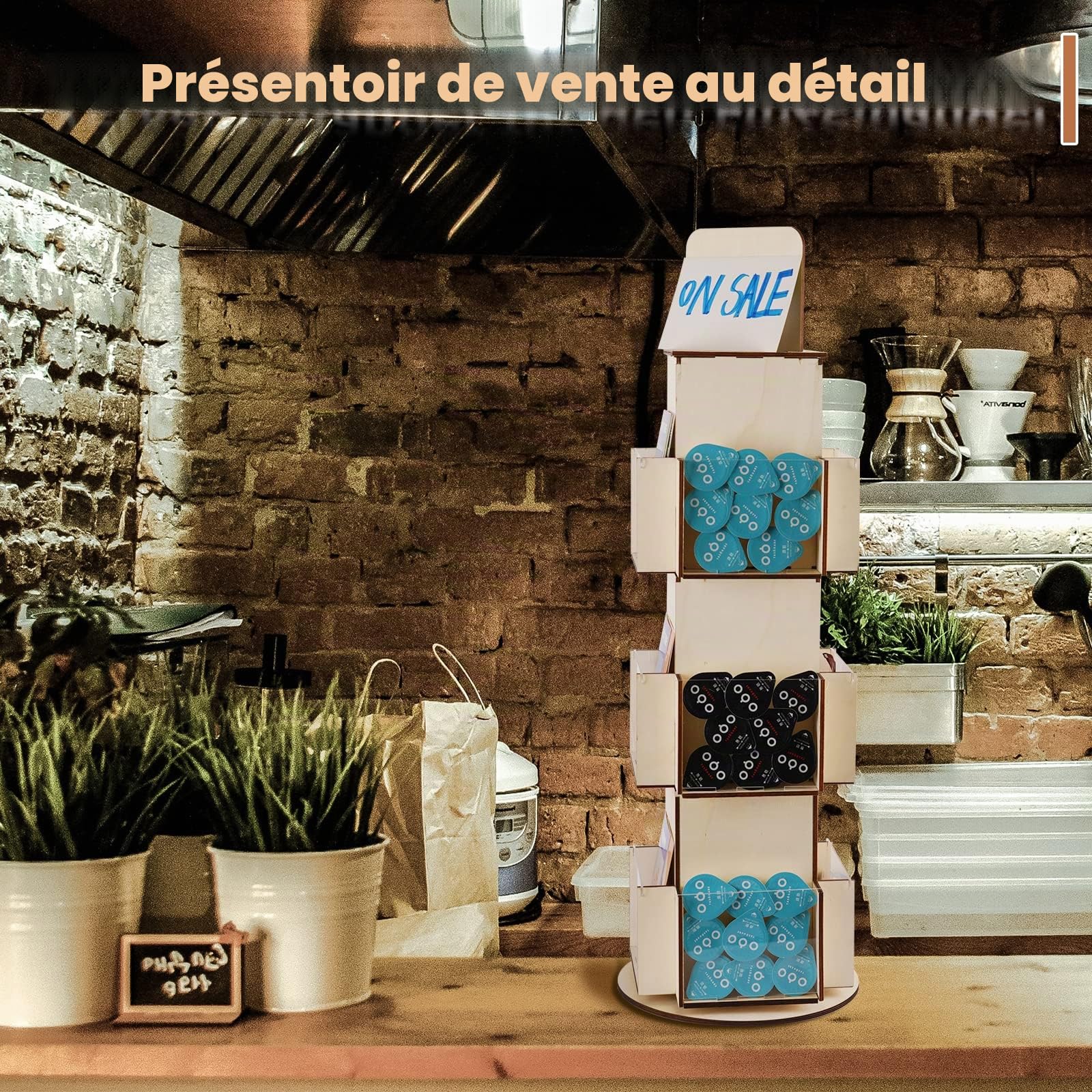 Présentoir Rotatif pour Cartes Postales et de Vœux - Format Portrait - Support d'Exposition (Couleur Bois)