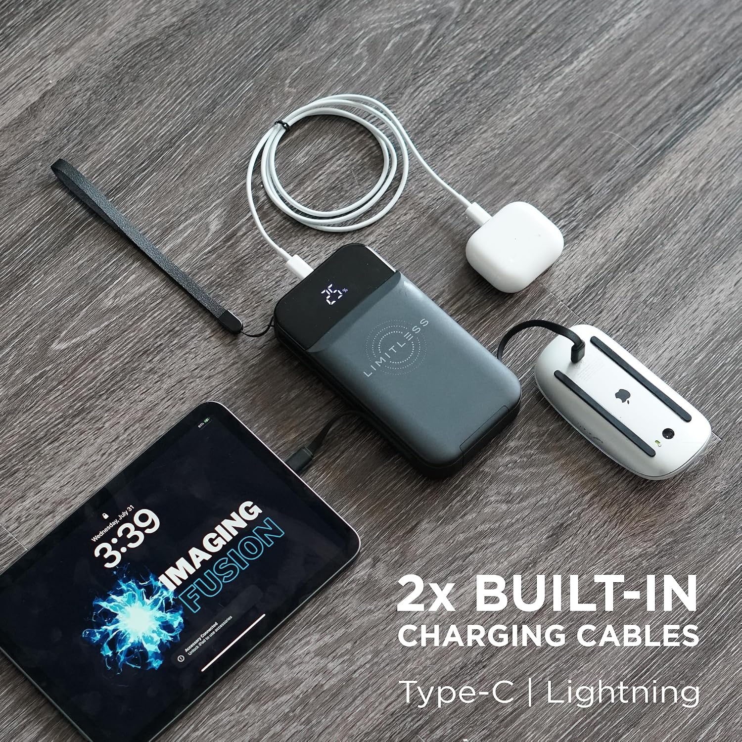 Limitless Innovations Ultimate Pro Power Bank charging multiple devices using its built-in USB-C and Lightning cables