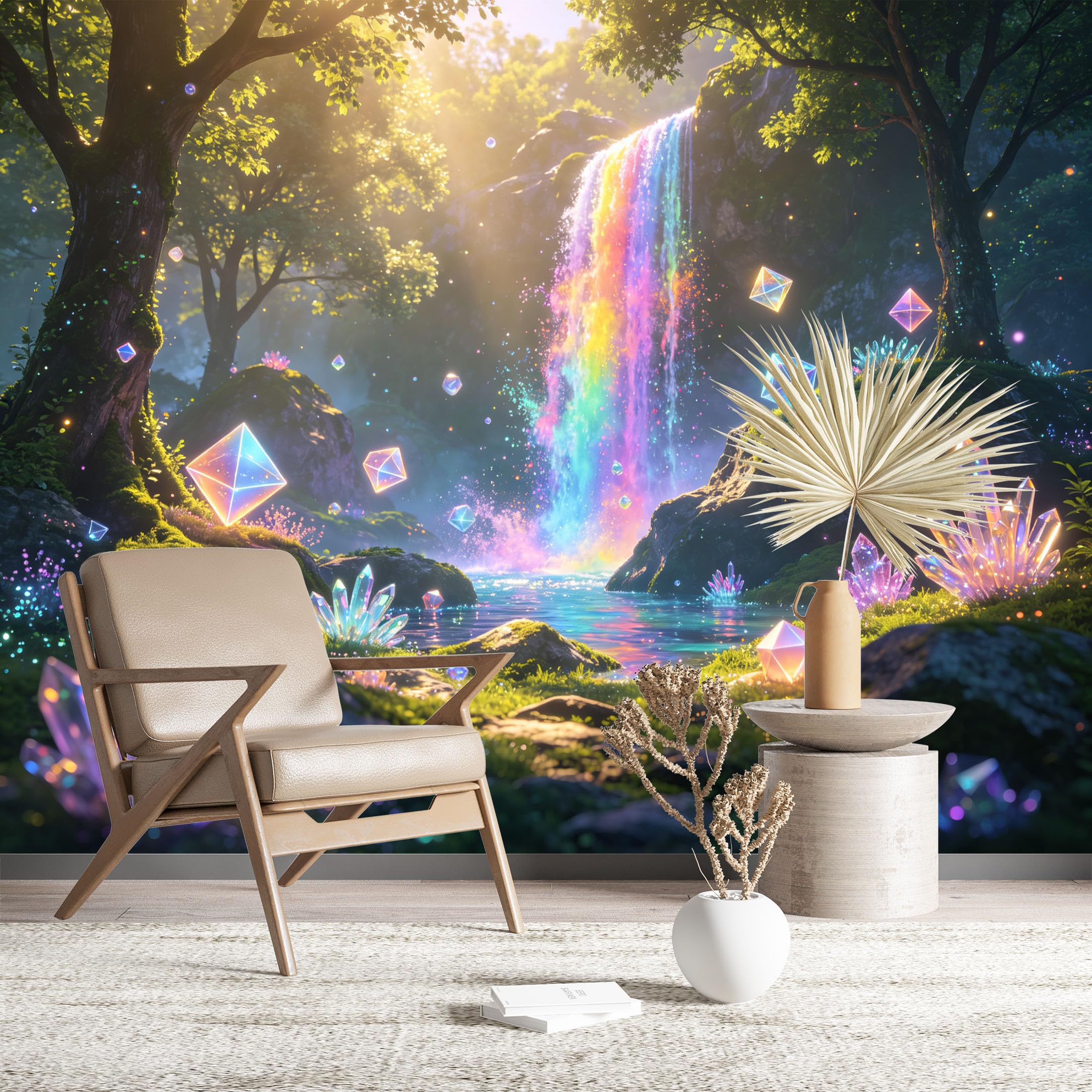 Custom Size Wall Murals Rainbow Waterfall with Glowing Crystals Wall Murals Fantasy Wallpaper Vivid Self-Adhesive Removable Wallpaper for Living Room