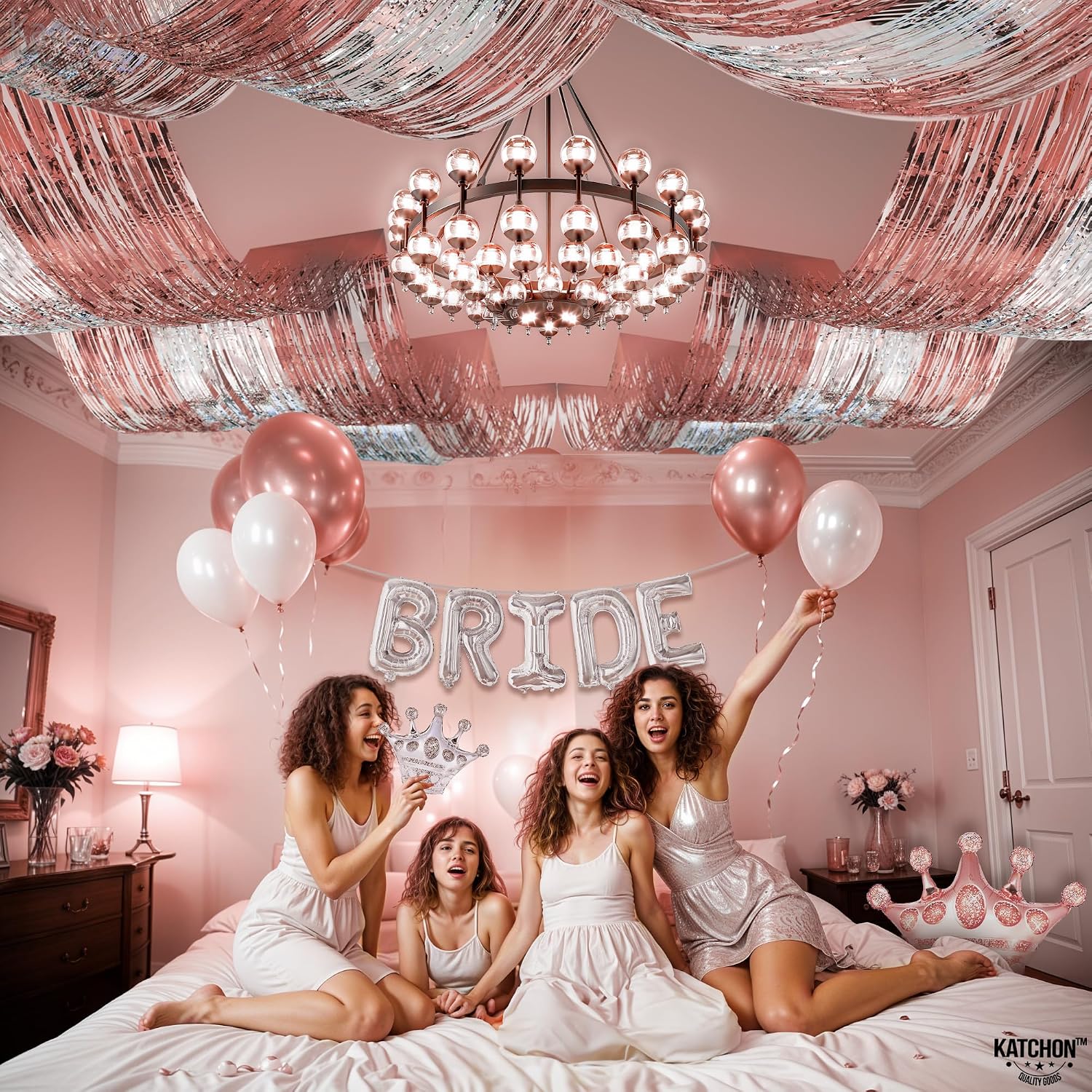 KatchOn, Rose Gold & Silver Fringe for Ceiling - Large 3x15 Feet | Silver & Rose Gold Ceiling Fringe, Bridal Shower & Bachelorette Party Decorations
