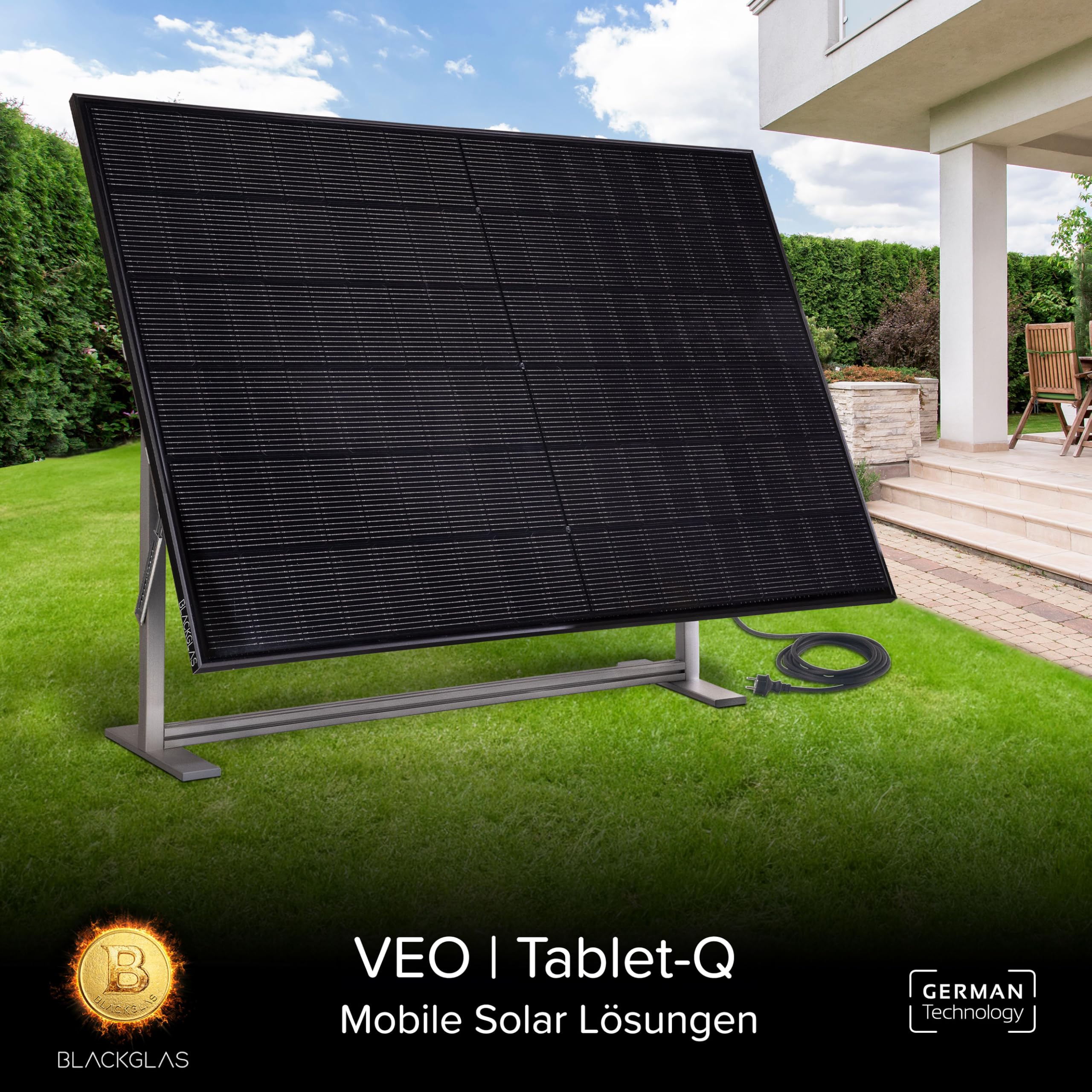 Balkonkraftwerk SolarScreen Sichtschutz VEOtablet-Q Modul 445Wp Full Black Solarmodul, Wechselrichter mit App, 5m Kabel, Verstellbarer Winkel, Plug & Play, Vormontiert, Made-in-Germany