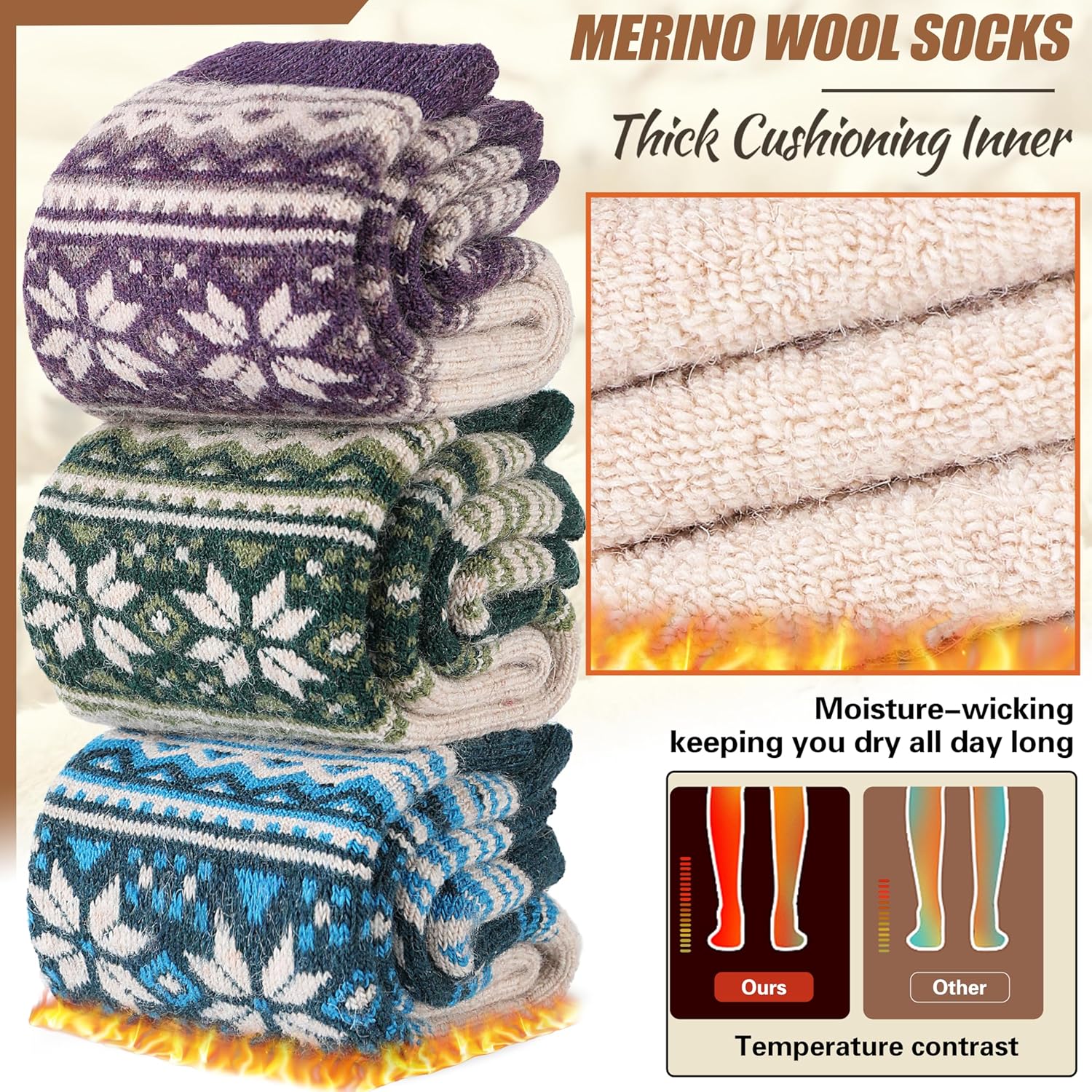 EBMORE Merino Wool Socks for Women Hiking Thermal Warm Winter Thick Boot Cozy Crew Comfy Work Socks for Ladies 5 Pairs - Image 2