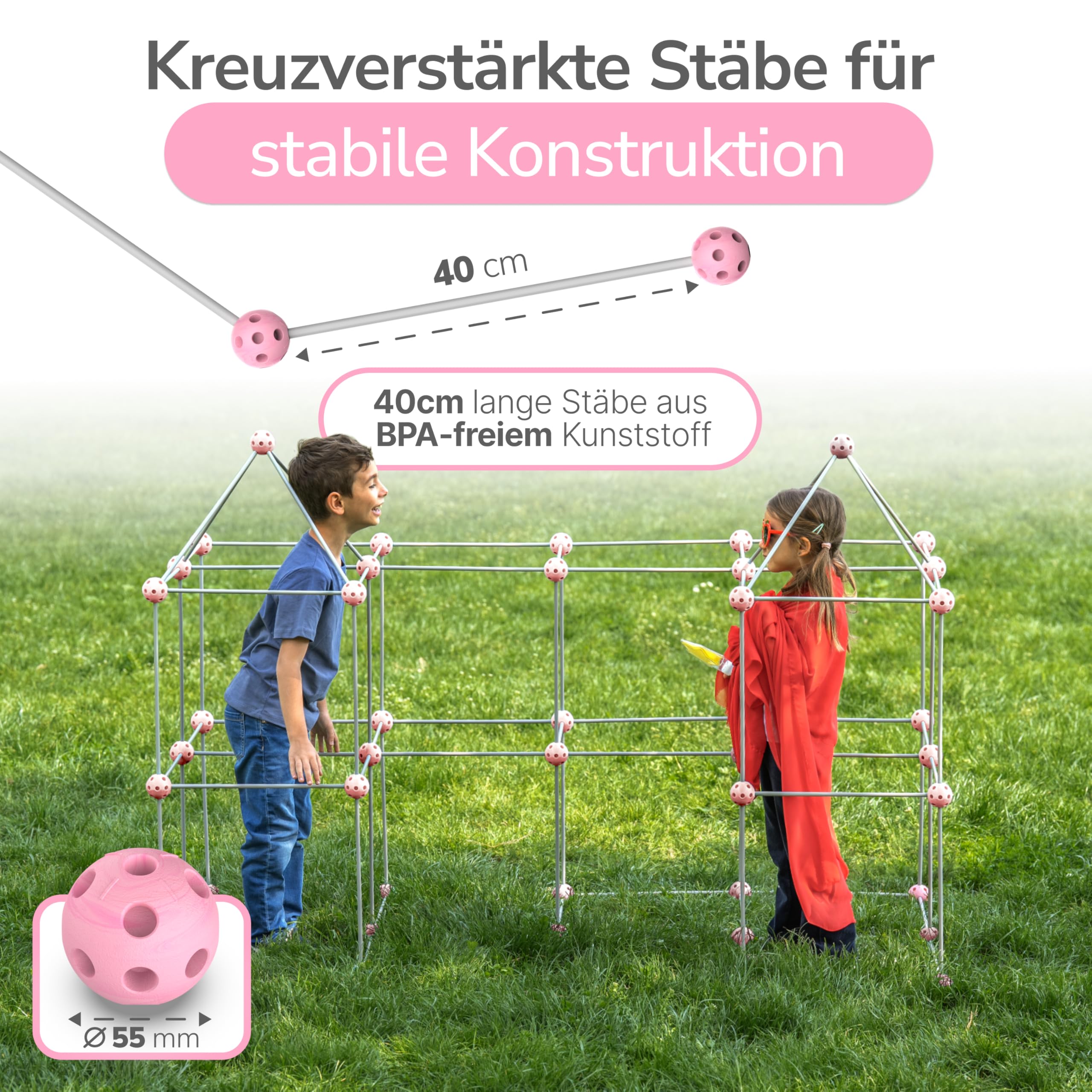 KINDERWERK - Konstruktionsspielzeug – 140-teiliges Set zum Höhle Bauen für Kinder – Unterstützt Kreativität & räumliches Denken – Indoor & Outdoor Spielzeug (rosa/grau)