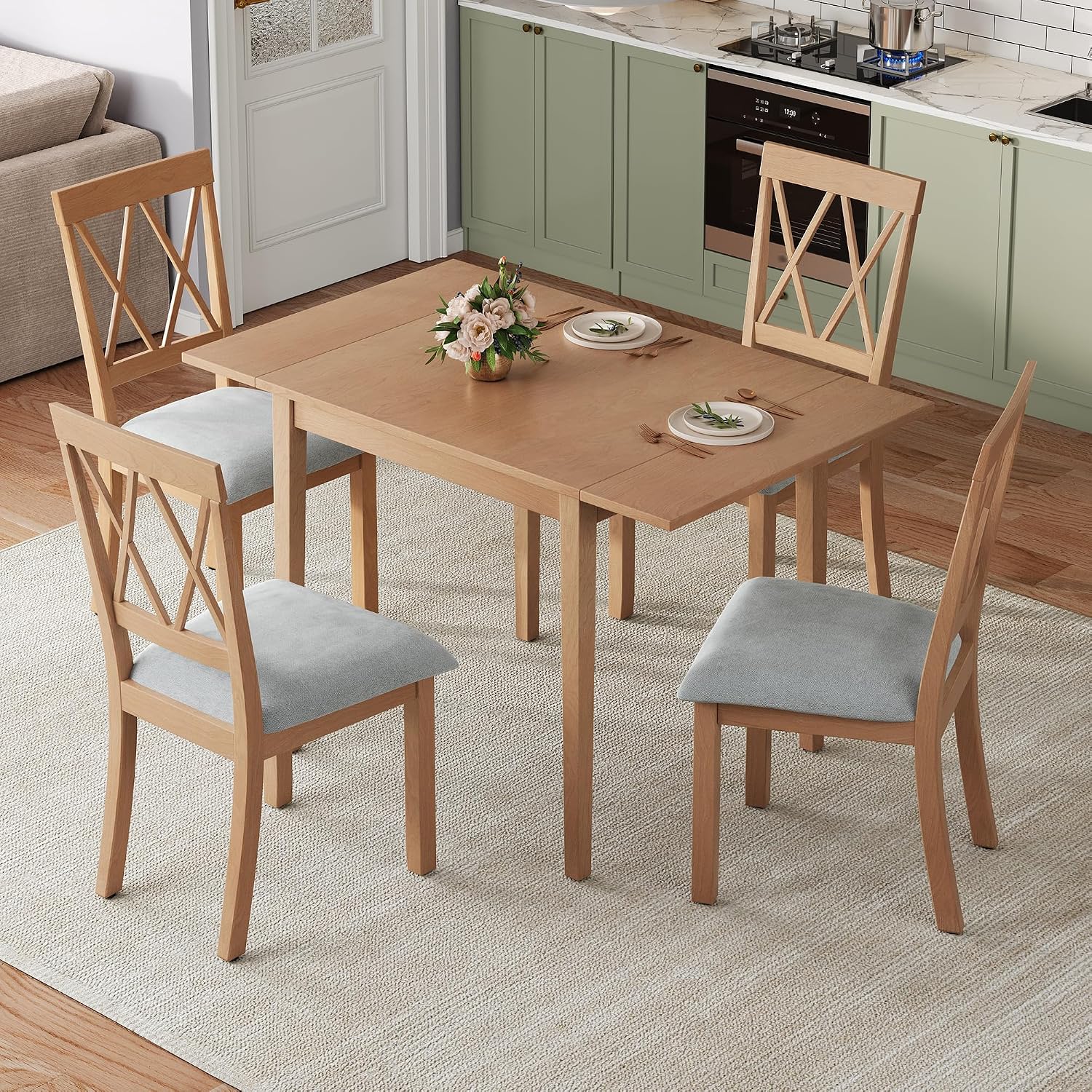 P PURLOVE 5 Piece Dining Set, Wood Kitchen Table and Chairs Set for 4, Drop Leaf Dining Table with 4 Upholstered Chairs for Apartment, Small Places, Natural