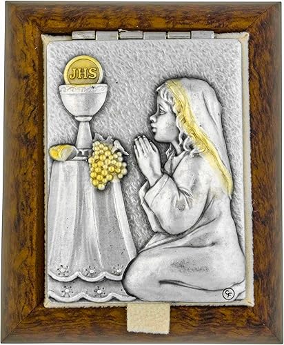 Pequeña caja decorativa de recuerdo de rosario con placa de santo (primera comunión de niñas)