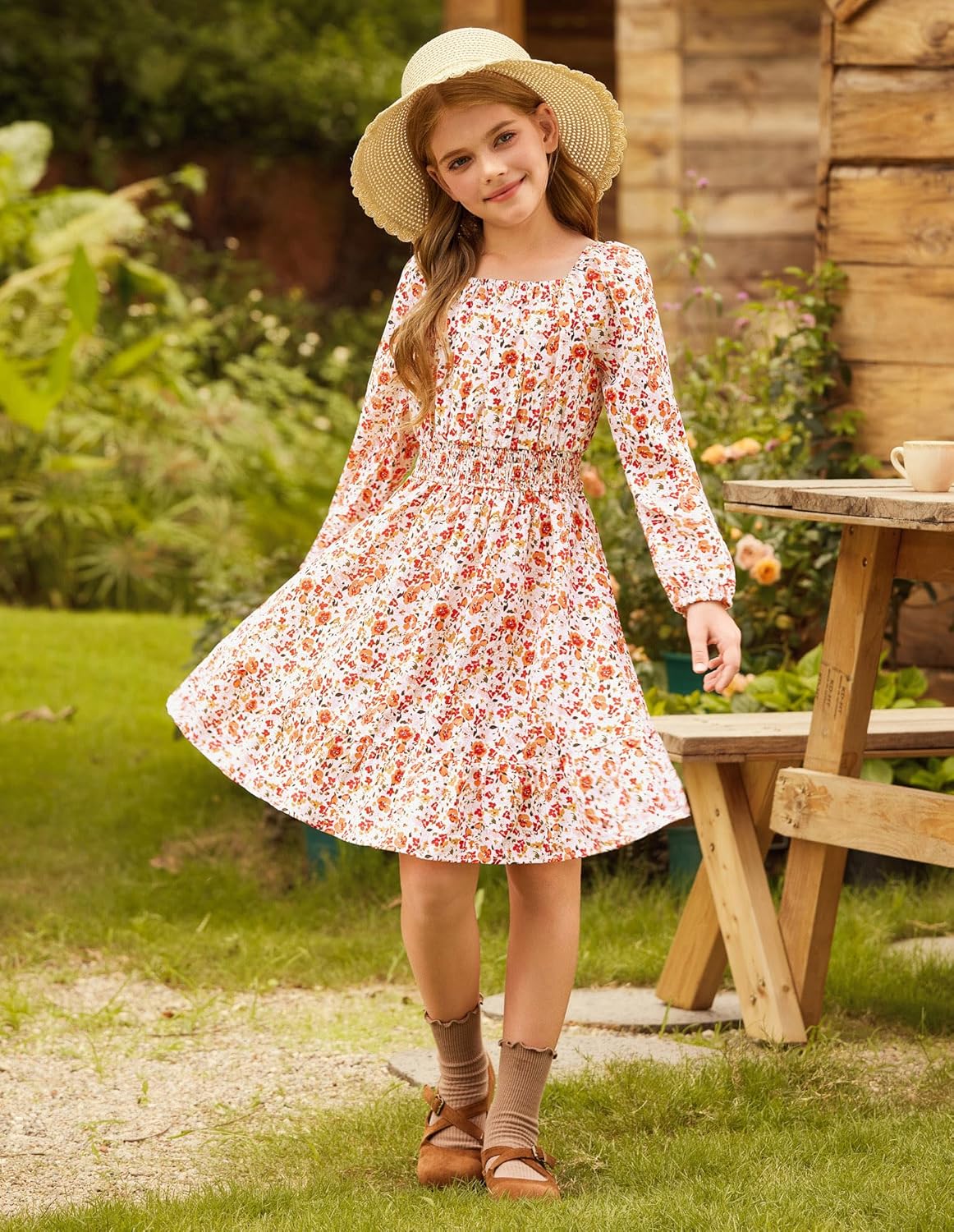 GRACE KARIN Girls Fall Dress Floral Long Sleeve Midi with Smocked Waist for Holiday Party 6-14Y - Image 9