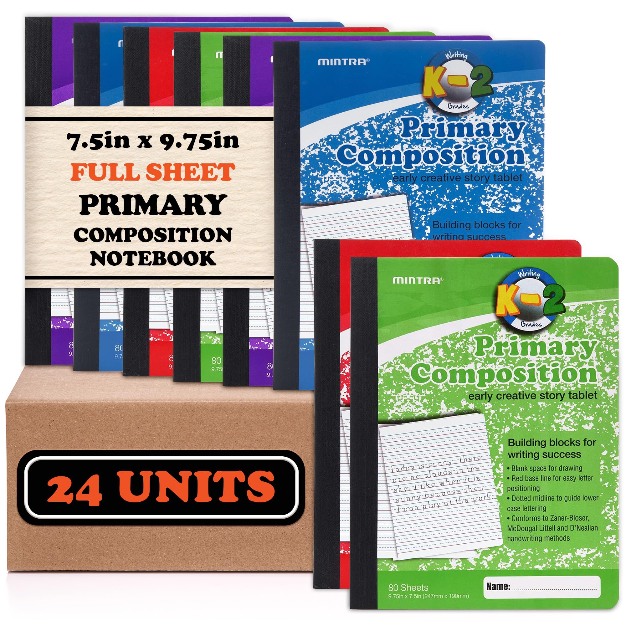 Mintra Primary Composition Notebook, 24 units 6-4 Pack, Assorted Colors, 80 Sheets, 7.5in x 9.75in, Full Sheet, Ruled with Drawing Area, Flexible Hardcover Journal, Grades K-2, School & Home Use