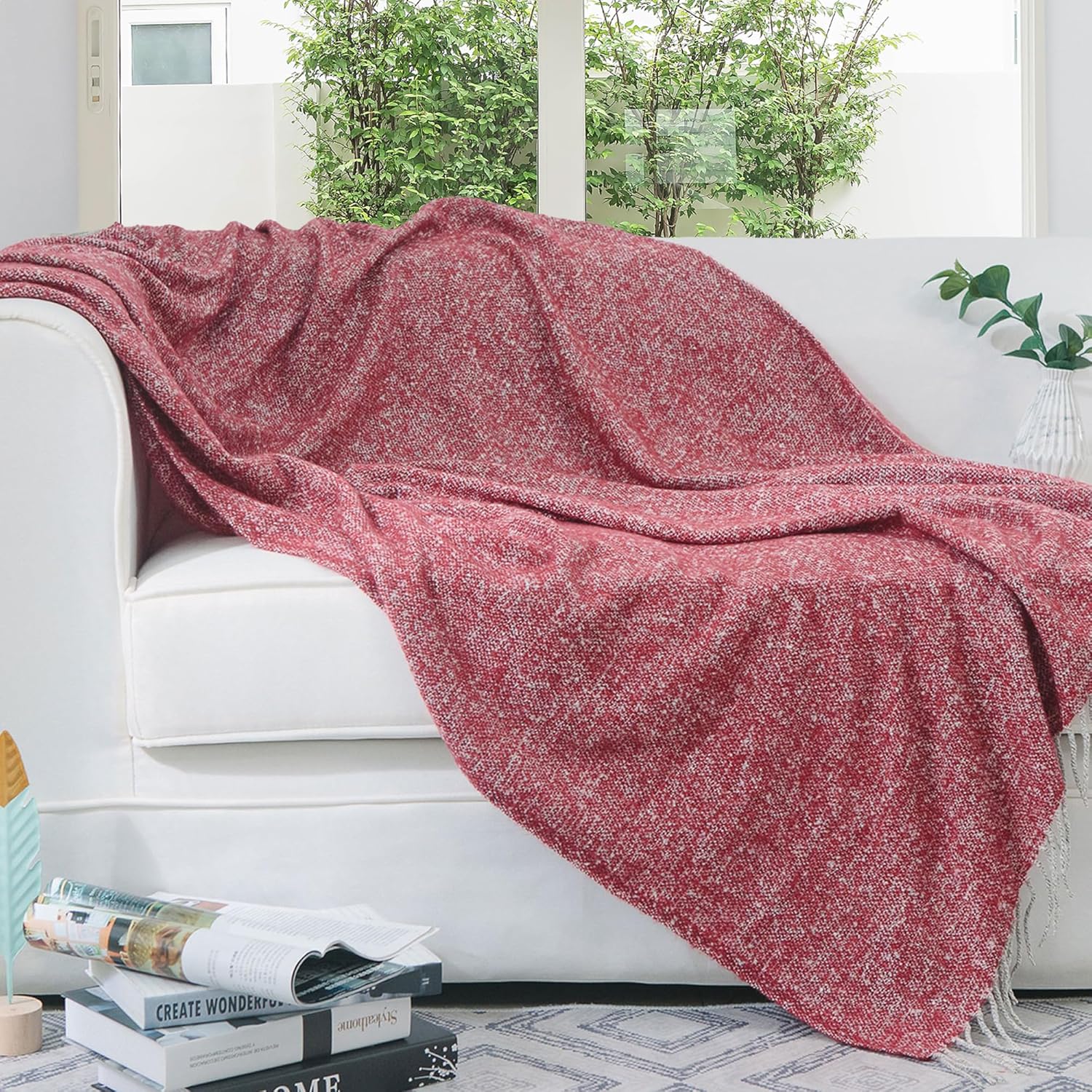 Cheer Collection Cable Knit Throw Blanket, Thick, Cozy & Soft Knitted Blanket with Fringes for Couch, Sofa & Bed, Warm Cotton Knit Throw Blanket for All Seasons - 50" x 60", Burgundy