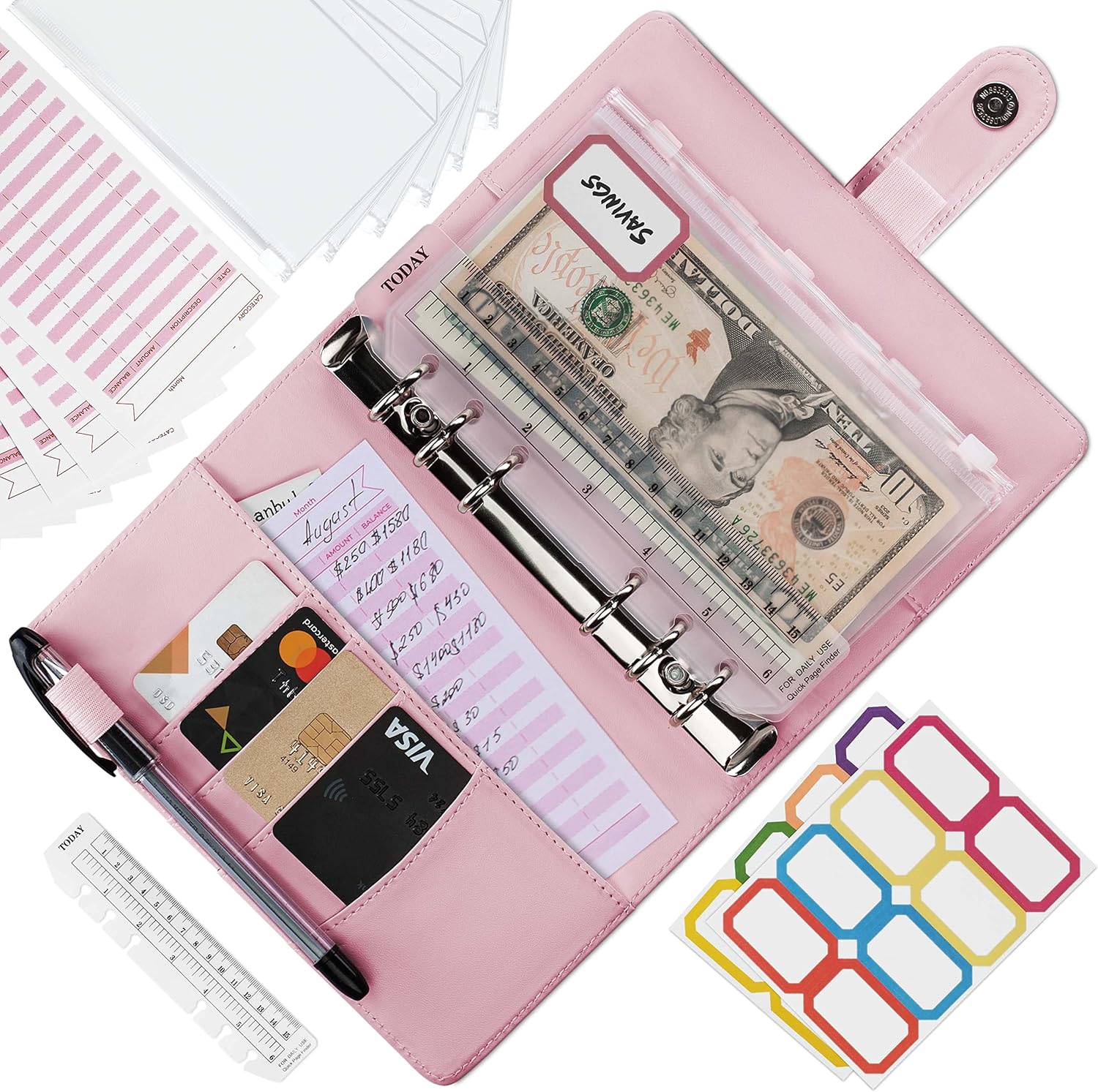 Budget Binder Cash Envelope System - A6 Pink Leather Binder with 6 Rings, 12 Clear Cash Envelopes 12 Budget Sheets Complete Money Organizer Set Money Planner, Expense Tracker, Saving & Budgeting Set : Office Products