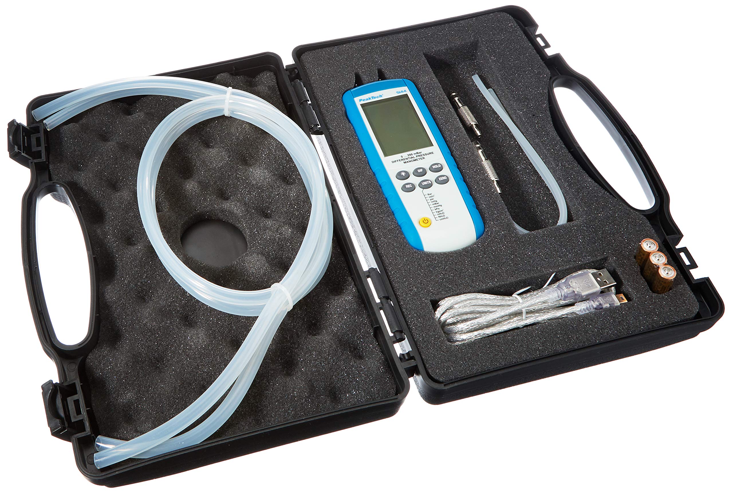 PeakTech P 5144 – Digitales Manometermit Messbereich bis max. 200 mBar, Differenzdruck-Messgerät mit USB-Port, Messung für Druckdifferenzen, LCD-Anzeige mit Beleuchtung, inkl. Windows-Software