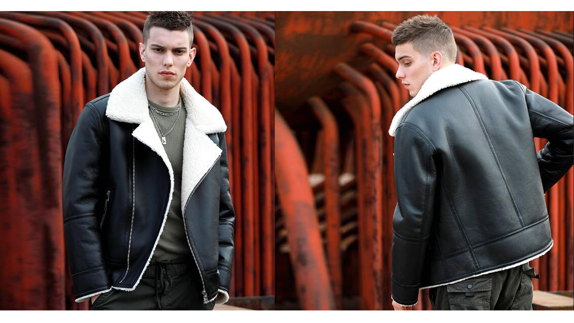 Denny&Dora Men's Natural Shearling Jacket Black Leather Coat
