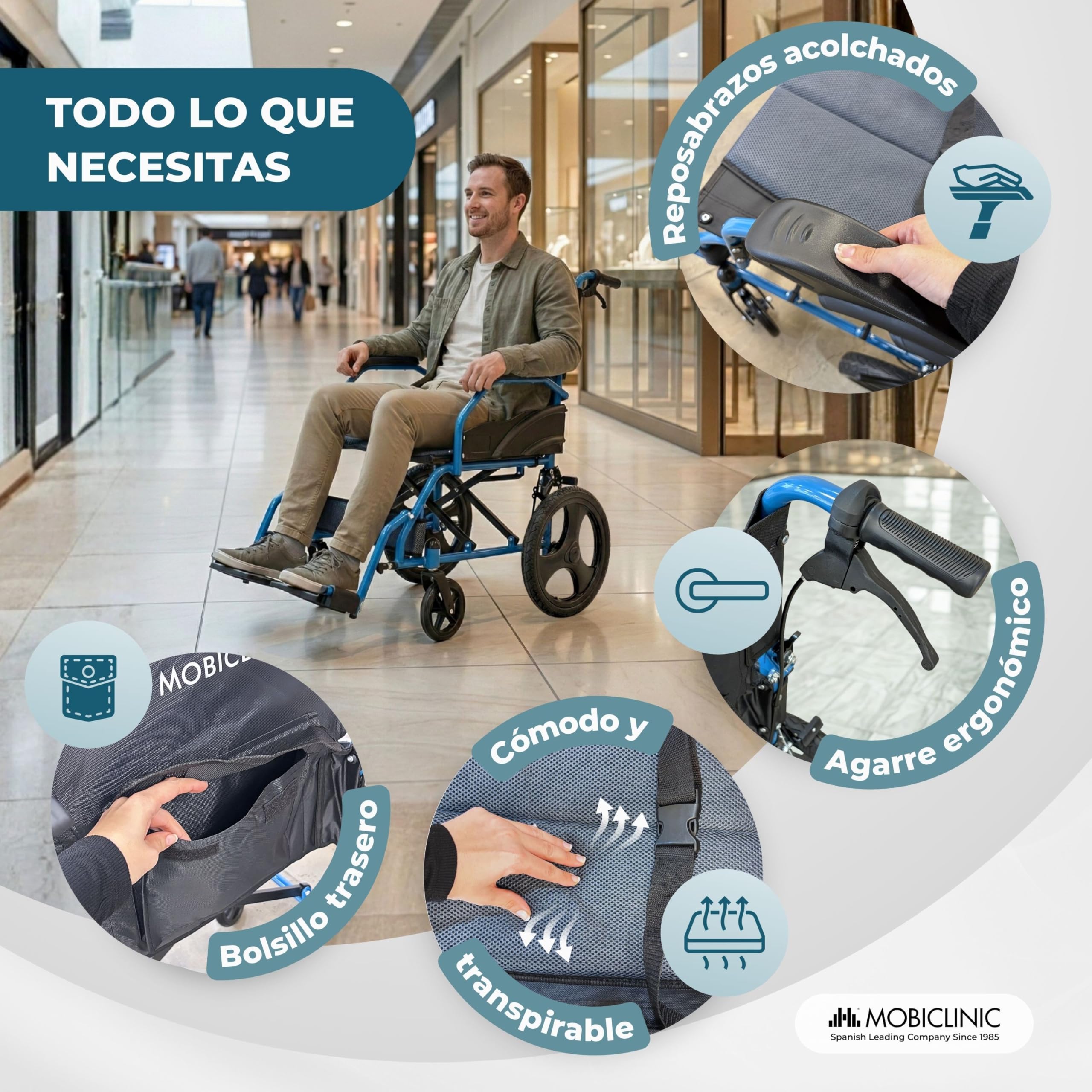 Mobiclinic®, Silla de Ruedas Plegable, de Tránsito, Respaldo Abatible, Reposapiés Abatibles, Doble Sistema de Frenado, Acero Reforzado, Hasta 100 kg, Ligera y Compacta, Faraón