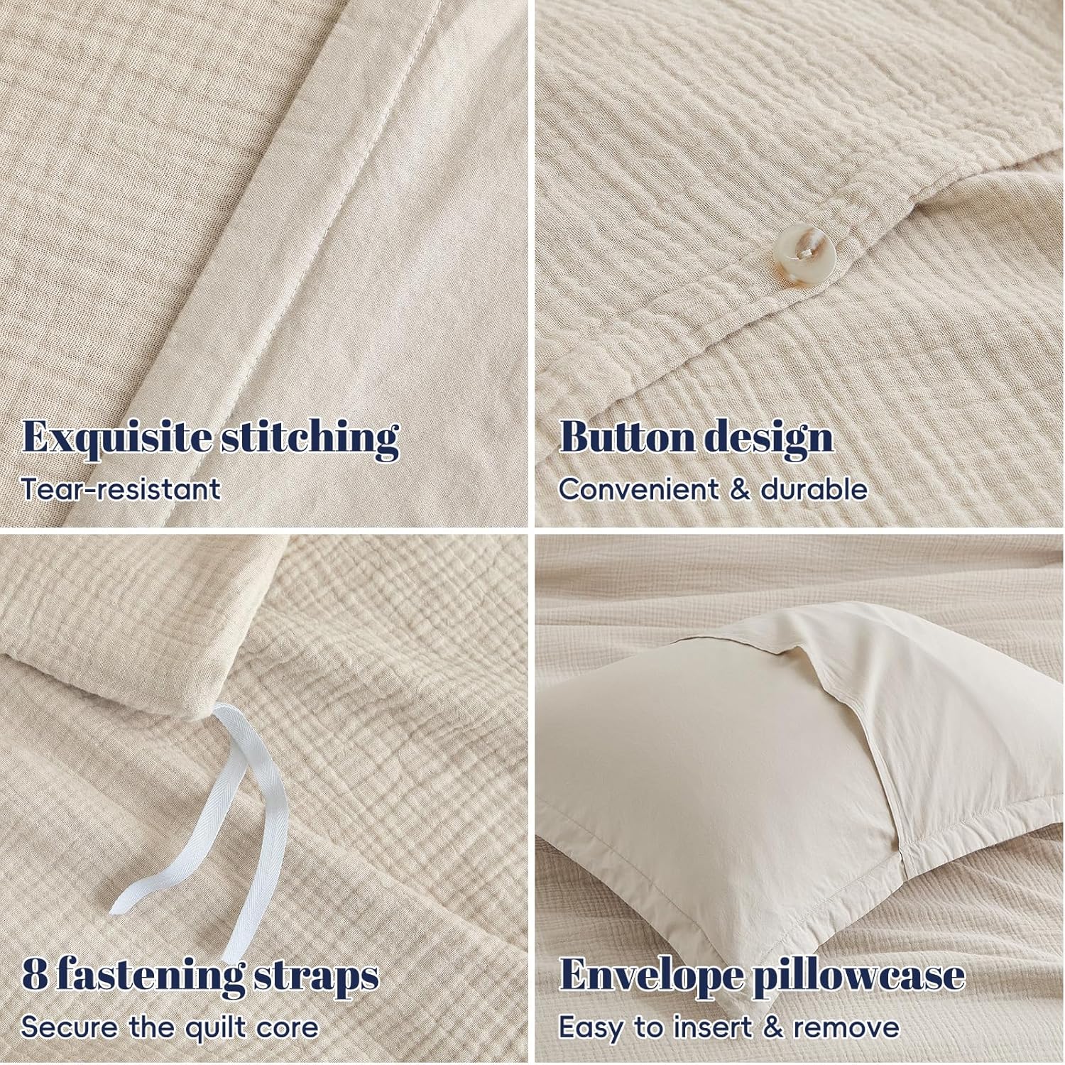 PHF Cotton Muslin Duvet Cover King Size, 3-Layer Ultra-Soft Lightweight Breathable Textured Guaze, Skin-Friendly Minimalist Comforter Cover Set for All Season, with 2 Pillow Shams, 104"x90", Natural