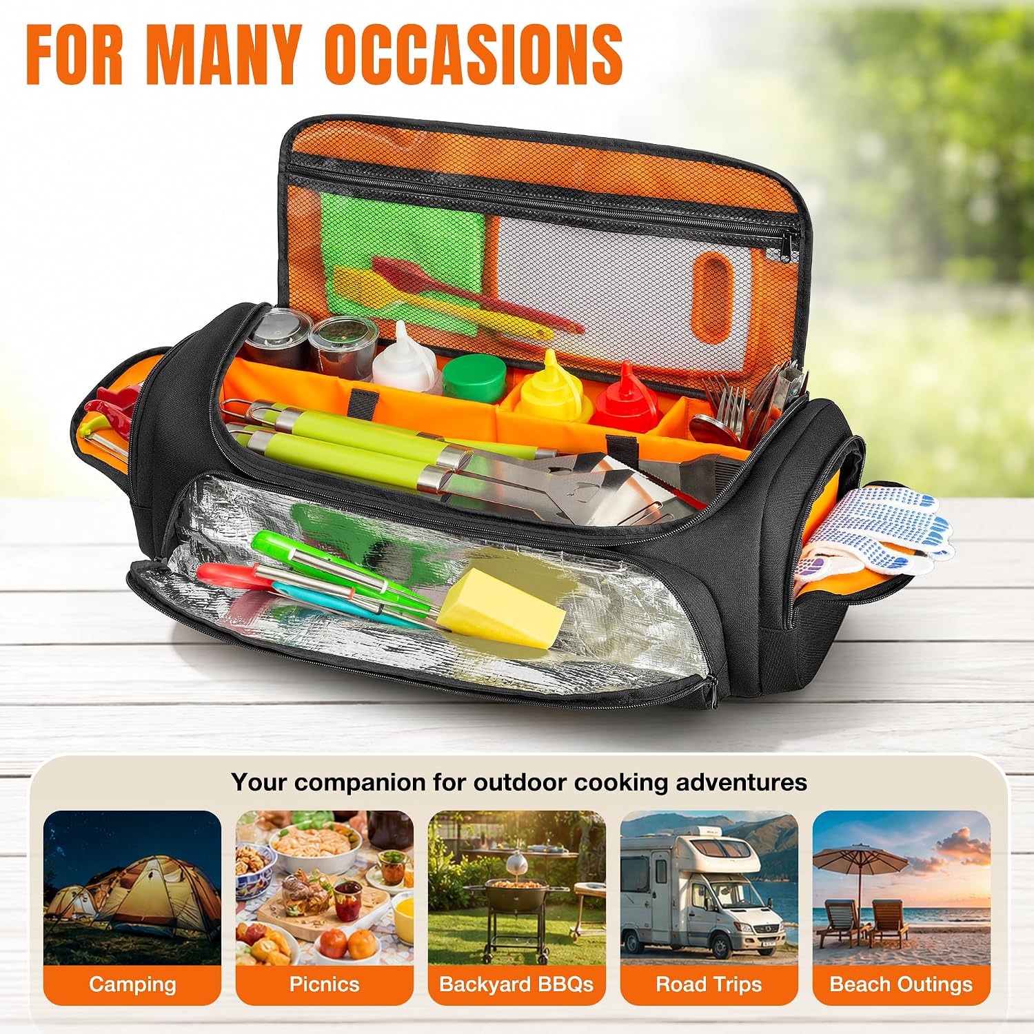 HODRANT Camp Grill Tool Storage Bag, Portable BBQ Utensil Case with Divider | Large Grill Accessories Storage Caddy with Multi Pockets, Kitchen Utensil Organizer for Outdoor Camping, RV Travel, Bag Only